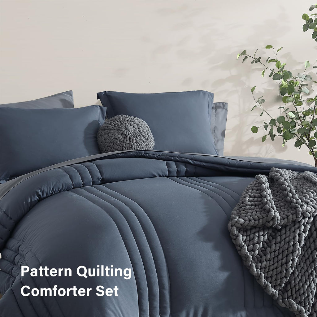Monbix Queen Comforter Set - 7 Pieces Blue Grey Bed In A Bag Queen Bedding Sets With Comforters, All Seasons Down Alternative Co