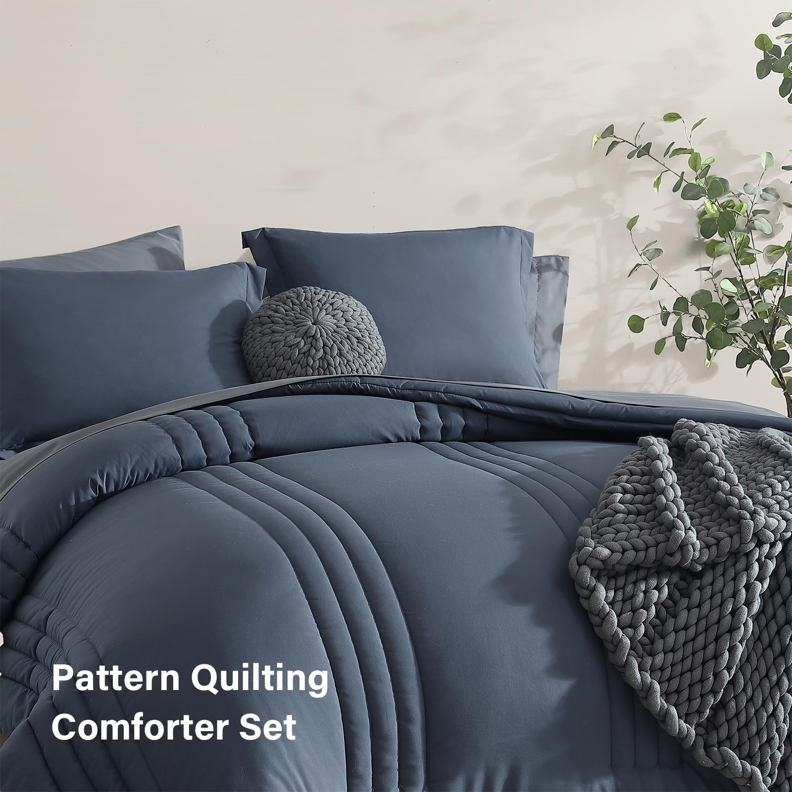 Monbix Queen Comforter Set - 7 Pieces Blue Grey Bed In A Bag Queen Bedding Sets With Comforters, All Seasons Down Alternative Co