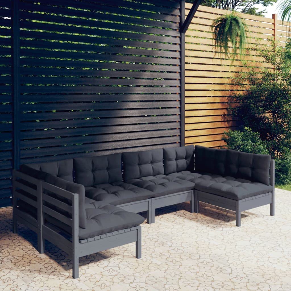 vidaXL Solid Pinewood Patio Lounge Set 6 Piece with Cushions Garden Outdoor Lawn Yard Terrace Balcony Wooden Seat Seating Furniture Gray