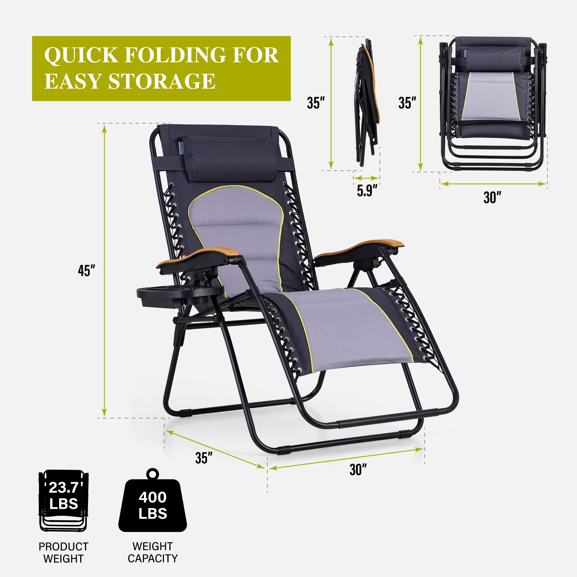 Phi Villa Xxl Oversized Padded Zero Gravity Chair, Foldable Patio Recliner, 30' Wide Seat Anti Gravity Lounger With Cup Holder, Set Of 2, Support 400 Lbs (Gray Accent)