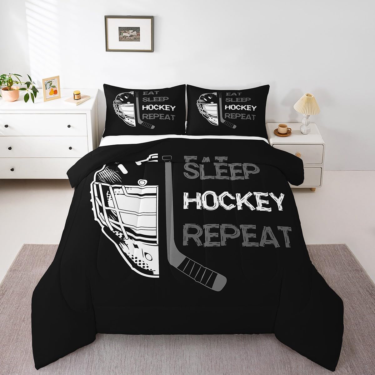 Erosebridal Hockey Comforter Twin For Kids Boys Teens,Black Grey Eat Sleep Hockey Bedding,Ice Hockey Player Quilt Bedroom Decor,