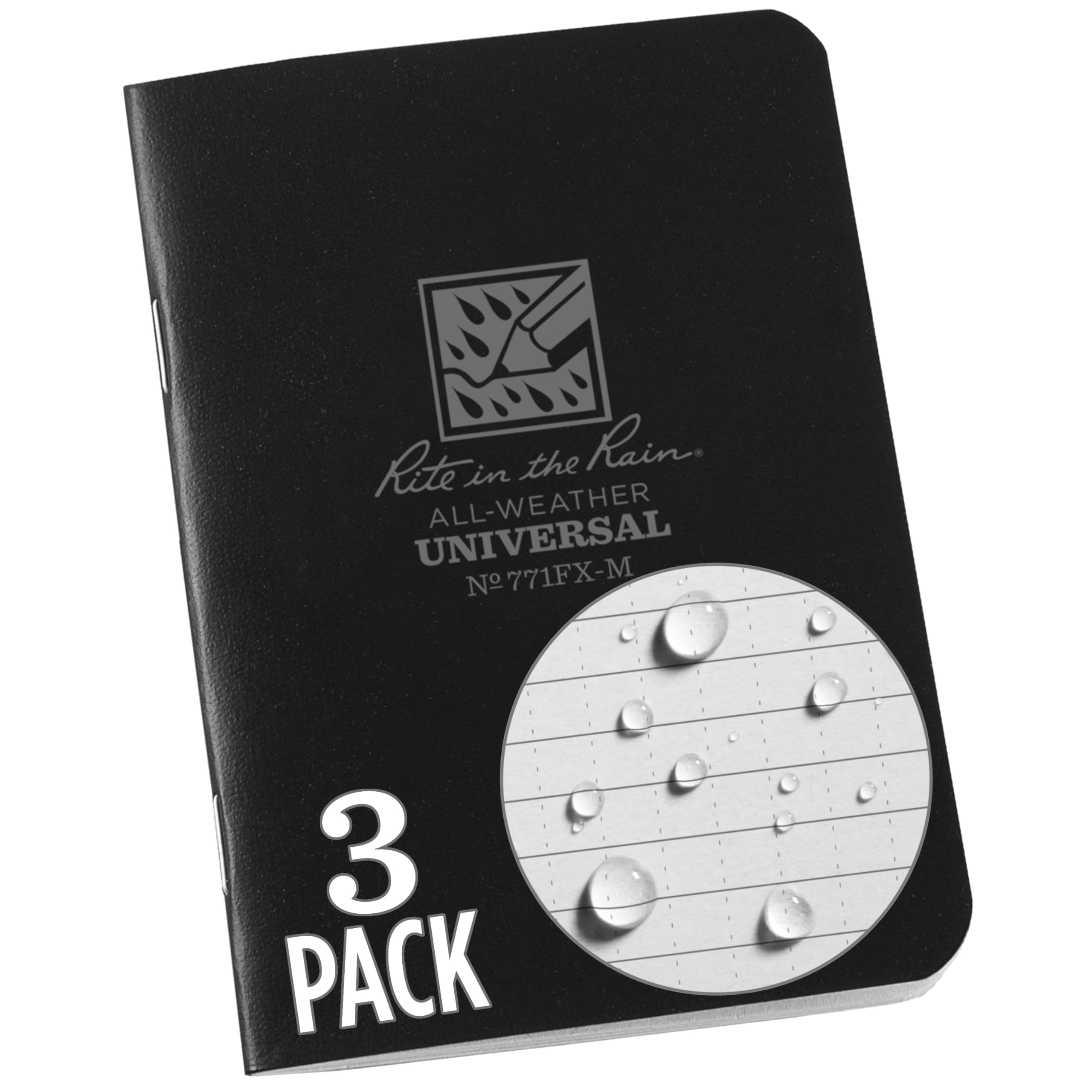Rite In The Rain Weatherproof Mini-Stapled Notebook, 3 1/4' X 4 5/8', Black Cover, Universal Pattern, 3 Pack (No. 771Fx-M)