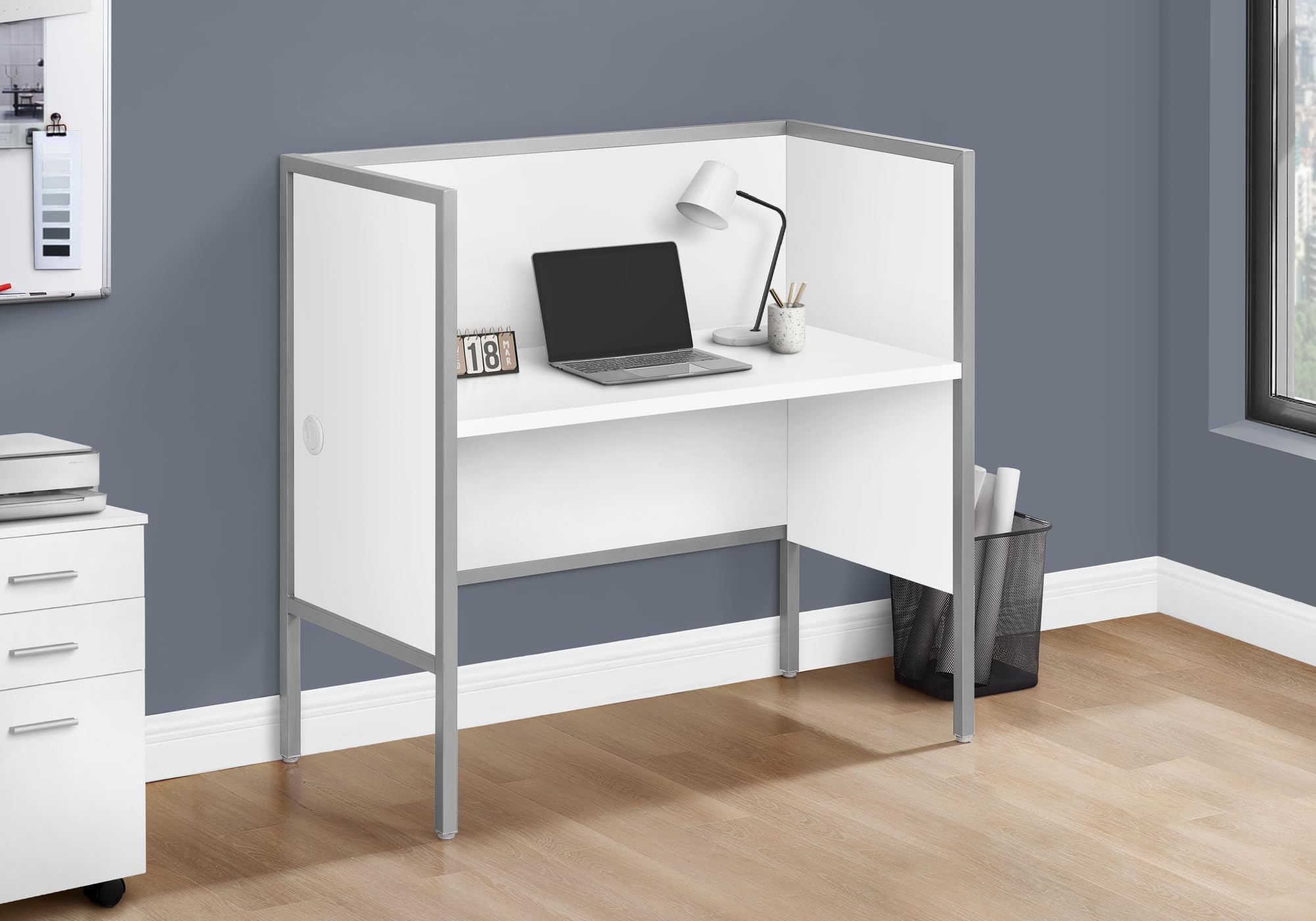 Monarch Specialties I 7729 Office Cubicle, 48&quot; L, Desk, Work, Commercial Grade, White Laminate, Silver Metal