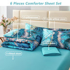 Perfemet 6 Pcs Teal Marble Comforter Set Queen Watercolor Marble Printed Quilt Set Luxury Retro Artwork Style Teal And Gold Bed