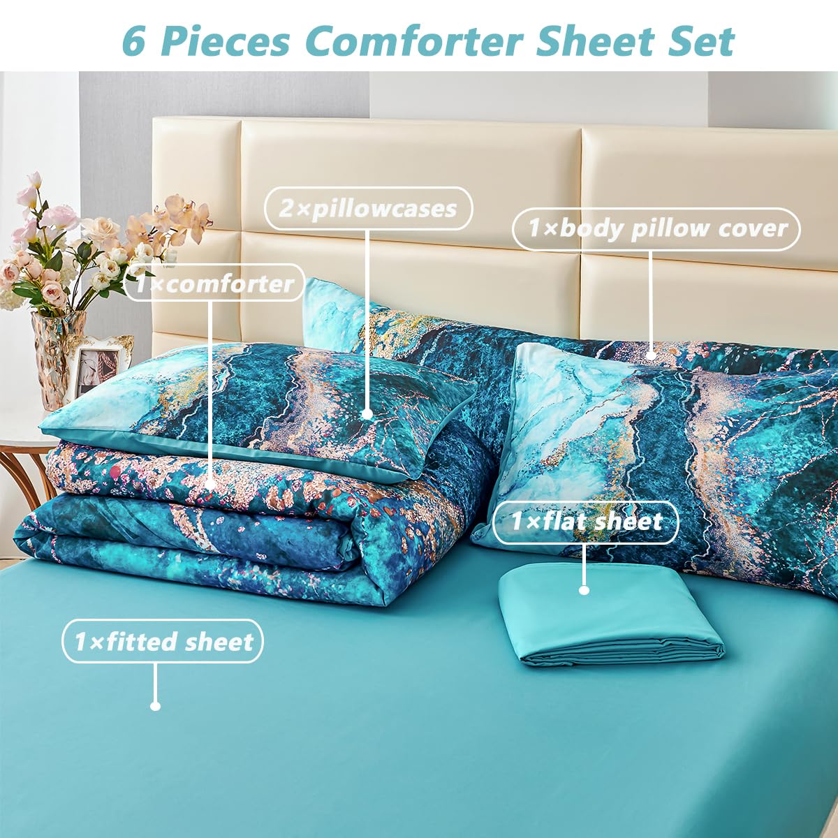 Perfemet 6 Pieces Teal King Size Comforter Set Watercolor Marble Bedding Set For Adult Women Abstract Artwork Colorful Bed In A