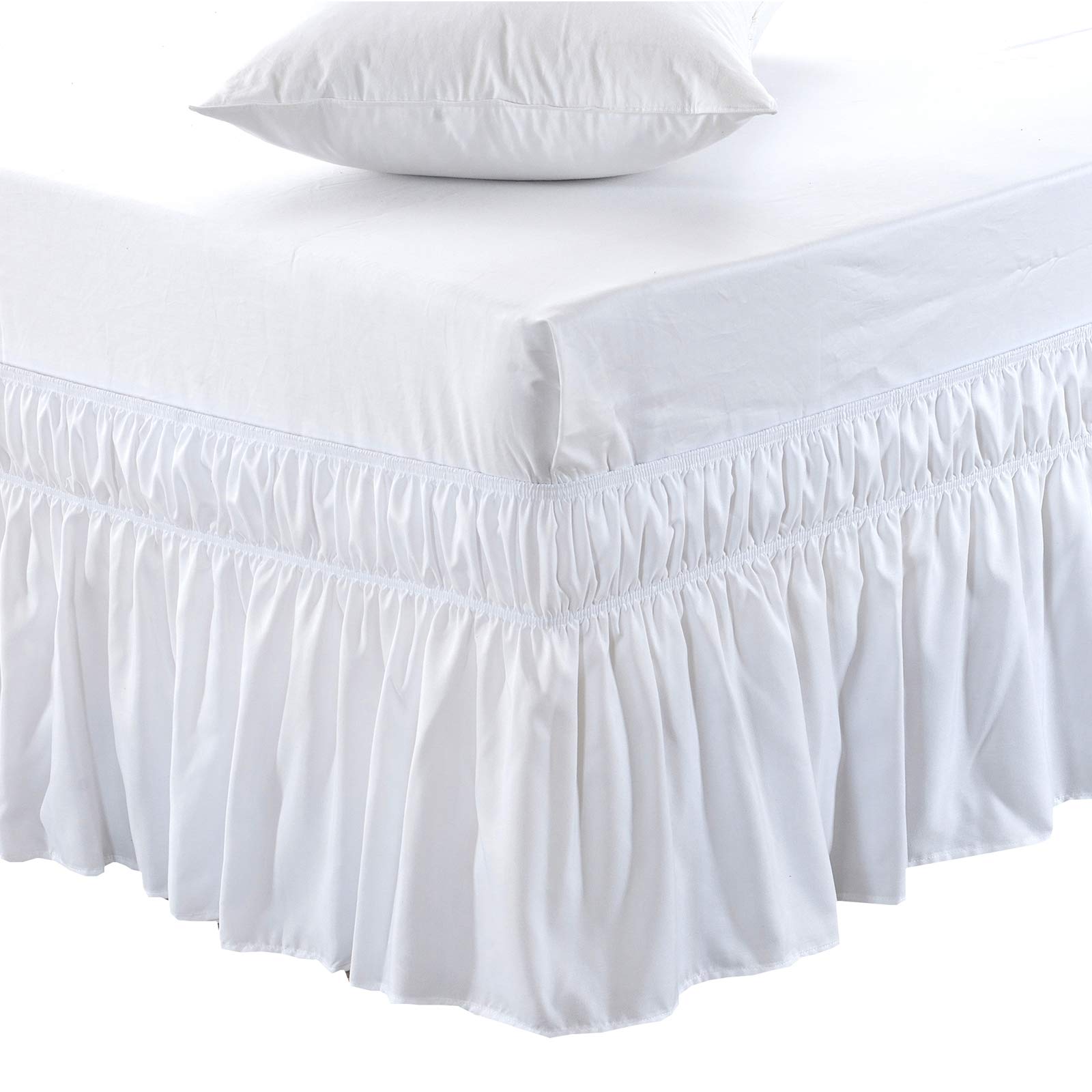 Meila Wrap Around Bed Skirt Three Fabric Sides Elastic Dust Ruffled 14 Inch Tailored Drop,Easy To Install Fade Resistant-White,