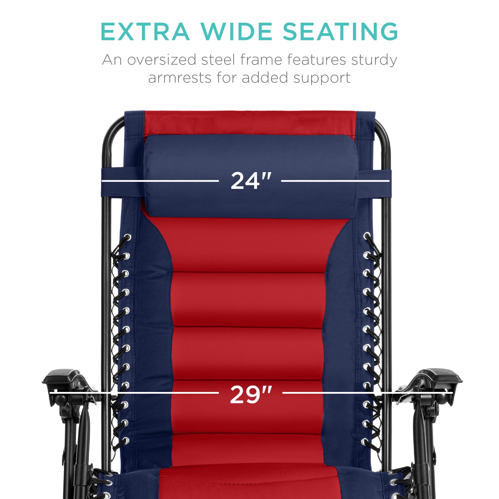 Best Choice Products Oversized Padded Zero Gravity Chair, Folding Outdoor Patio Recliner, Xl Anti Gravity Lounger For Backyard W/Headrest, Cup Holder, Side Tray, Polyester Mesh - Navy/Red