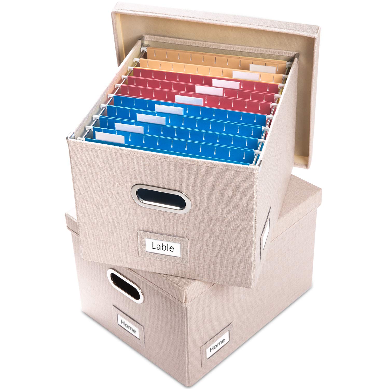 Prandom File Organizer Box - Set Of 2 Collapsible Decorative Linen Filing Storage Hanging File Folders With Lids Office Cabinet