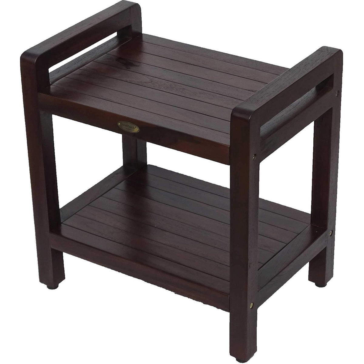 HomeRoots Dark Brown Compact Rectangular Teak Shower/Outdoor Bench with Shelf and Liftaide Arms in BrownFinish