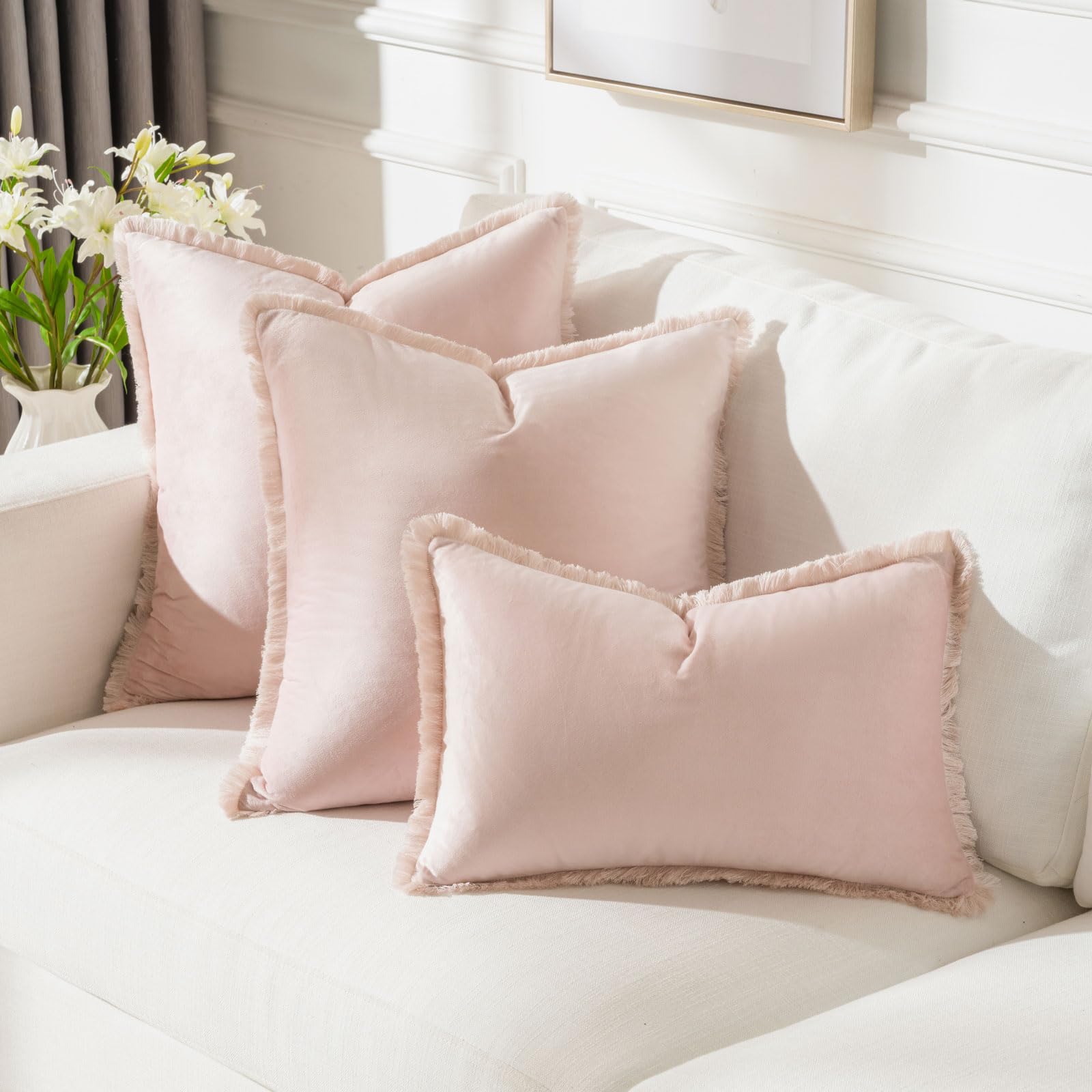 Futei Pink Boho Throw Pillow Covers With Tassels 24X24 Inch Set Of 2,Soft Velvet Decorative Euro Pillow Shams,Home Decor For Cou