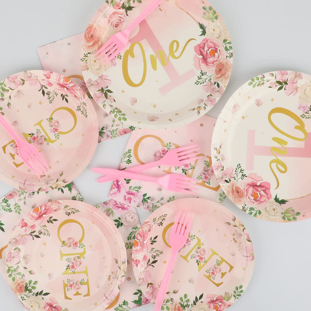 96Pcs 1St Birthday Party Supplies Girls One Birthday Plates Napkins Dinnerware First Year Floral Birthday One Year Tableware Dec