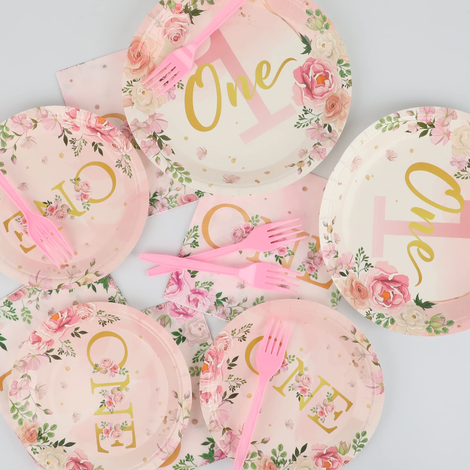96Pcs 1St Birthday Party Supplies Girls One Birthday Plates Napkins Dinnerware First Year Floral Birthday One Year Tableware Dec