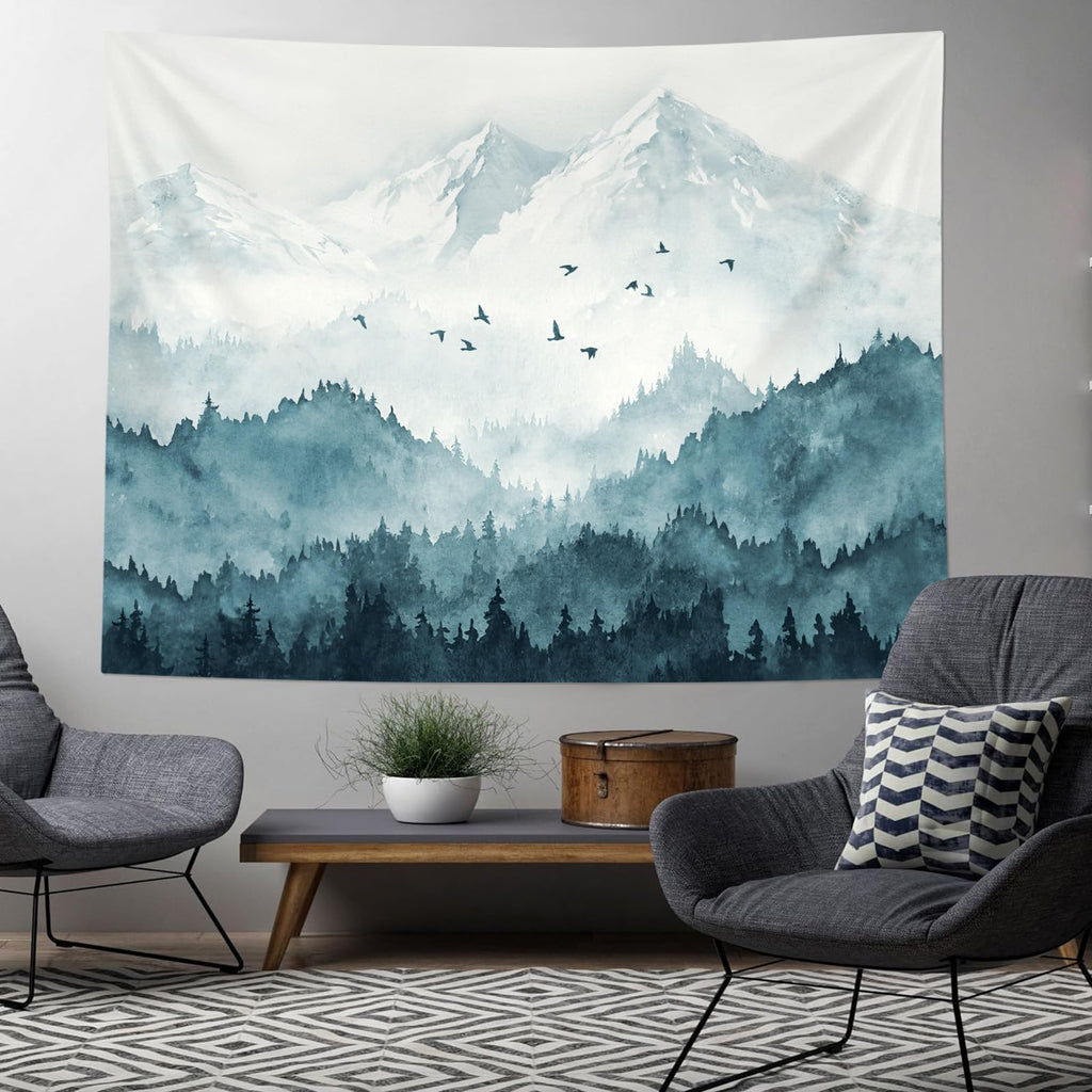 Kampdream Mountain Forest Tapestry, Misty Foggy Teal Blue Tree Landscape Watercolor Art Wall Tapestries, Nature Scenery Tapestry