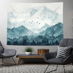 Kampdream Mountain Forest Tapestry, Misty Foggy Teal Blue Tree Landscape Watercolor Art Wall Tapestries, Nature Scenery Tapestry