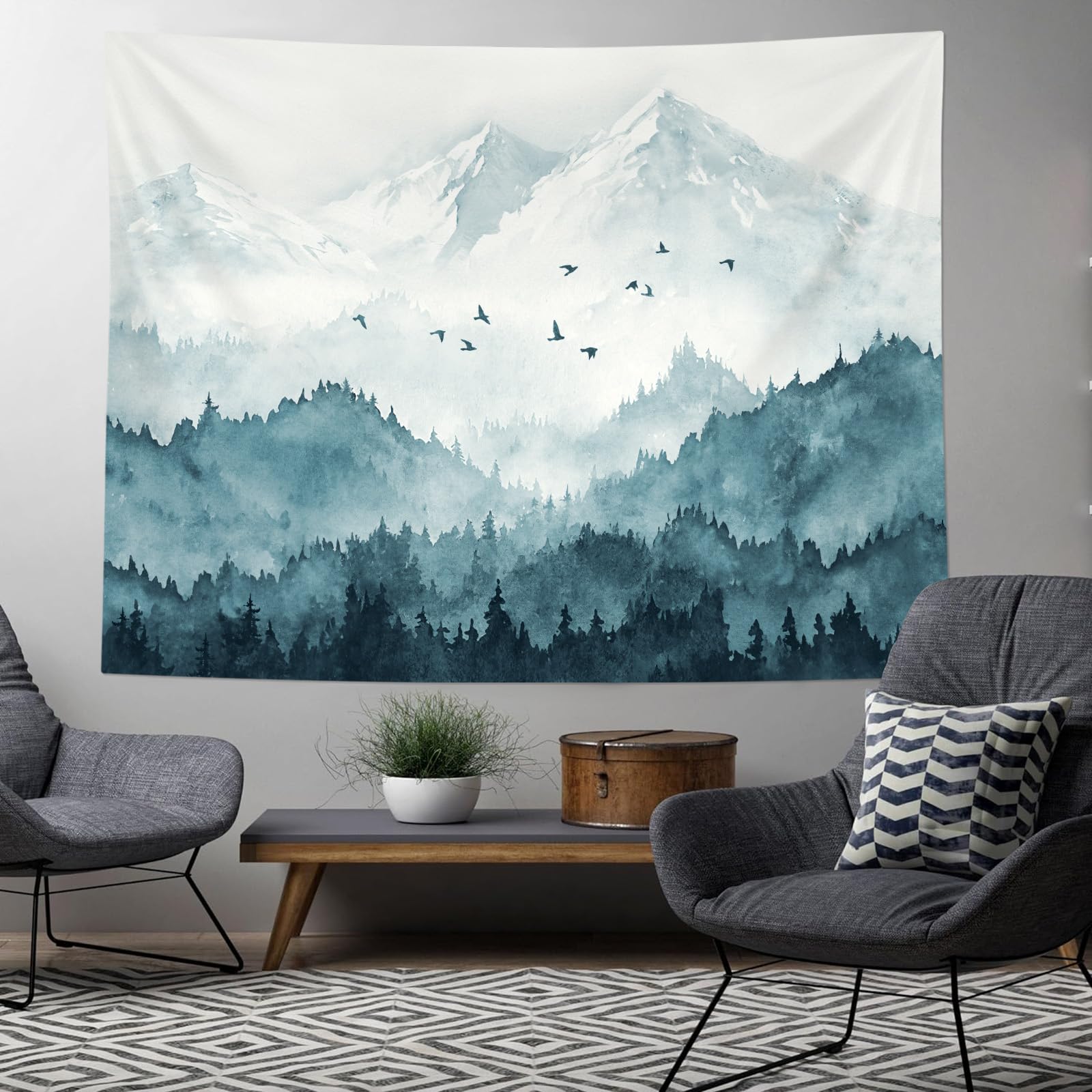 Kampdream Mountain Forest Tapestry, Misty Foggy Teal Blue Tree Landscape Watercolor Art Wall Tapestries, Nature Scenery Tapestry