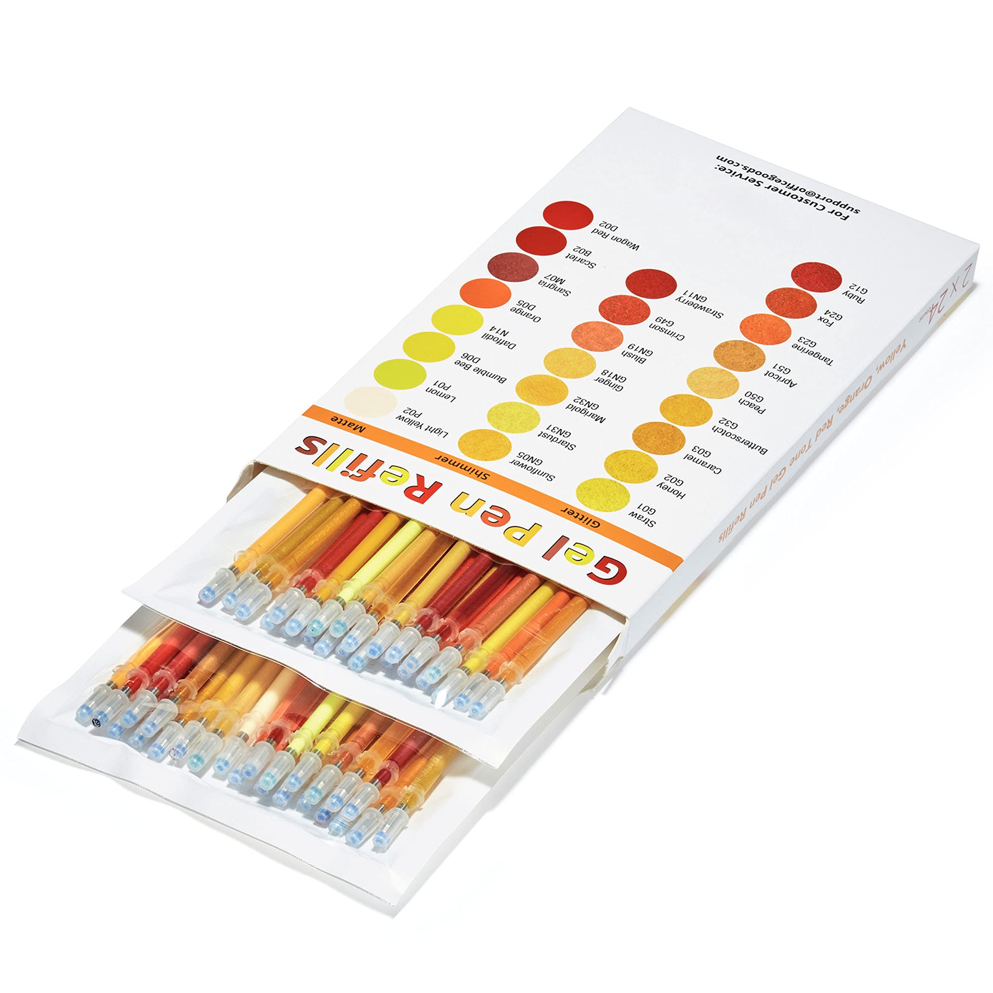 Officegoods Gel Pen Refills - 24 Individual Colors - Fits Most Gel Pens - Fast Drying Ink - 2 Pack - Yellows, Oranges & Reds