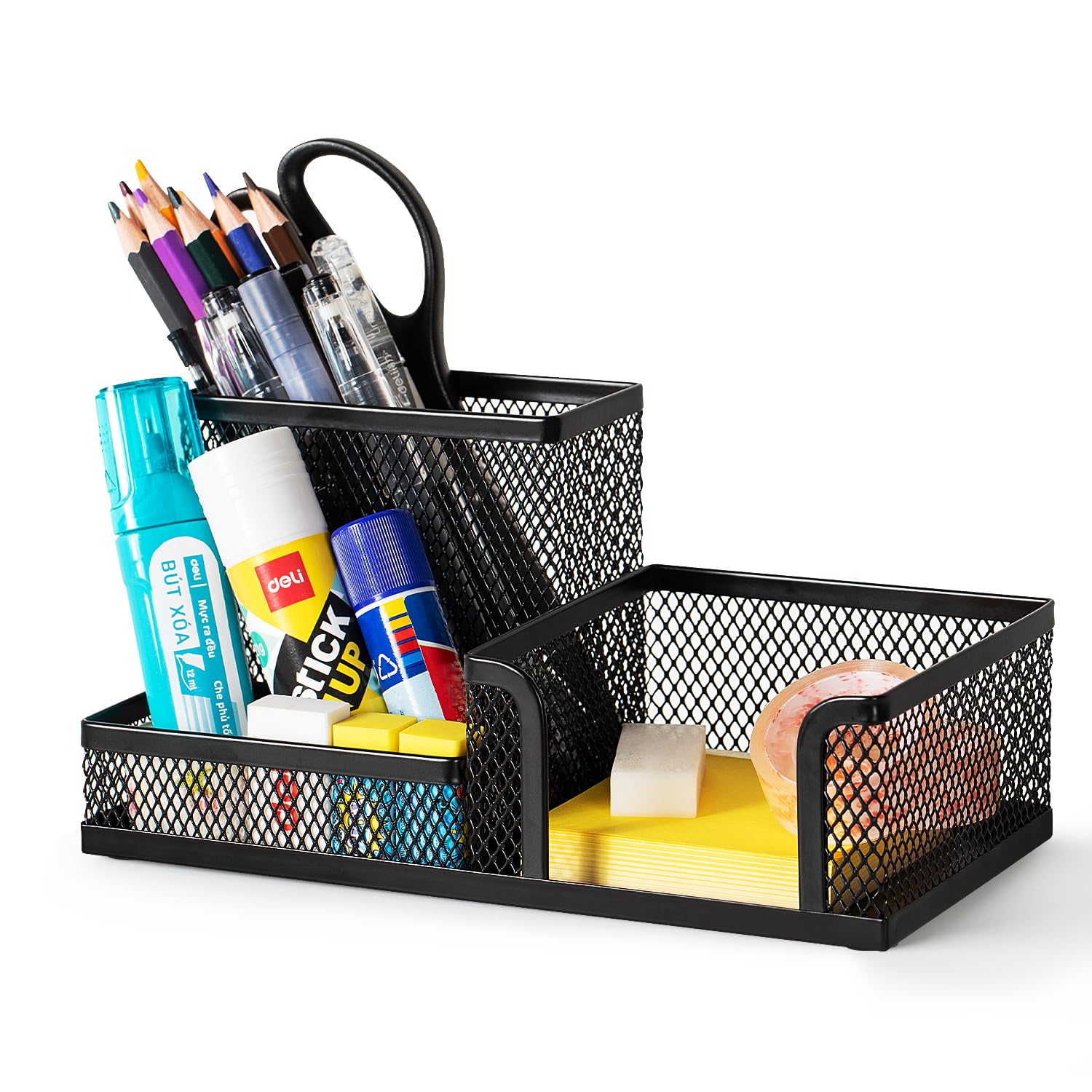Deli Mesh Desk Organizer Office Supplies Caddy With Pencil Holder And Storage Baskets For Desktop Accessories, 3 Compartments, B