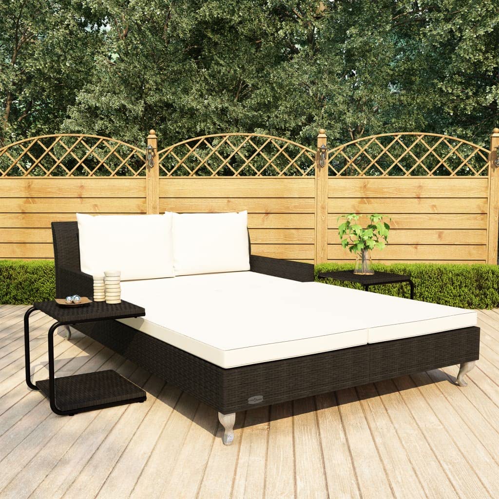 vidaXL Daybed, 2-Person Outdoor Garden Sun Bed with Cushions and 2 Side Tables, Lounge Bed for Pool Garden Patio, Modern Style, Poly Rattan Black