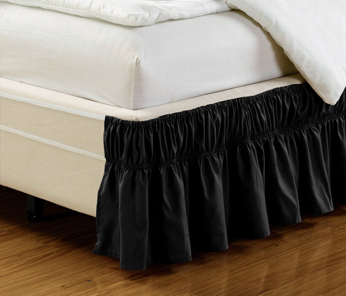 Fancy Collection Queen-King Easy Fit Bed Ruffle Wrap Around Elastic Bed Skirt With 17' Drop New Easy Install Solid Black New