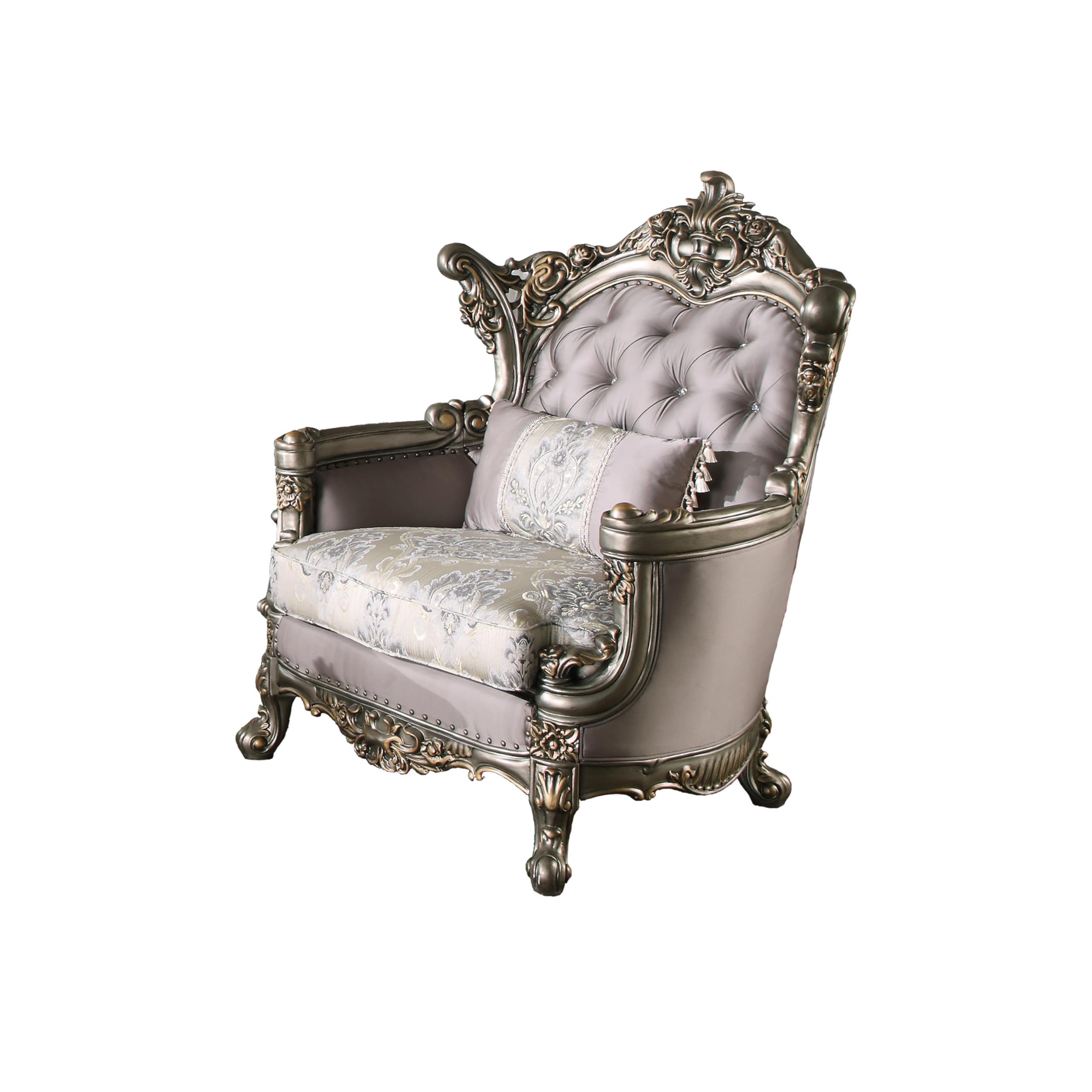 Benjara Wooden Chair with Engravings and Cabriole Legs, Purple and Silver