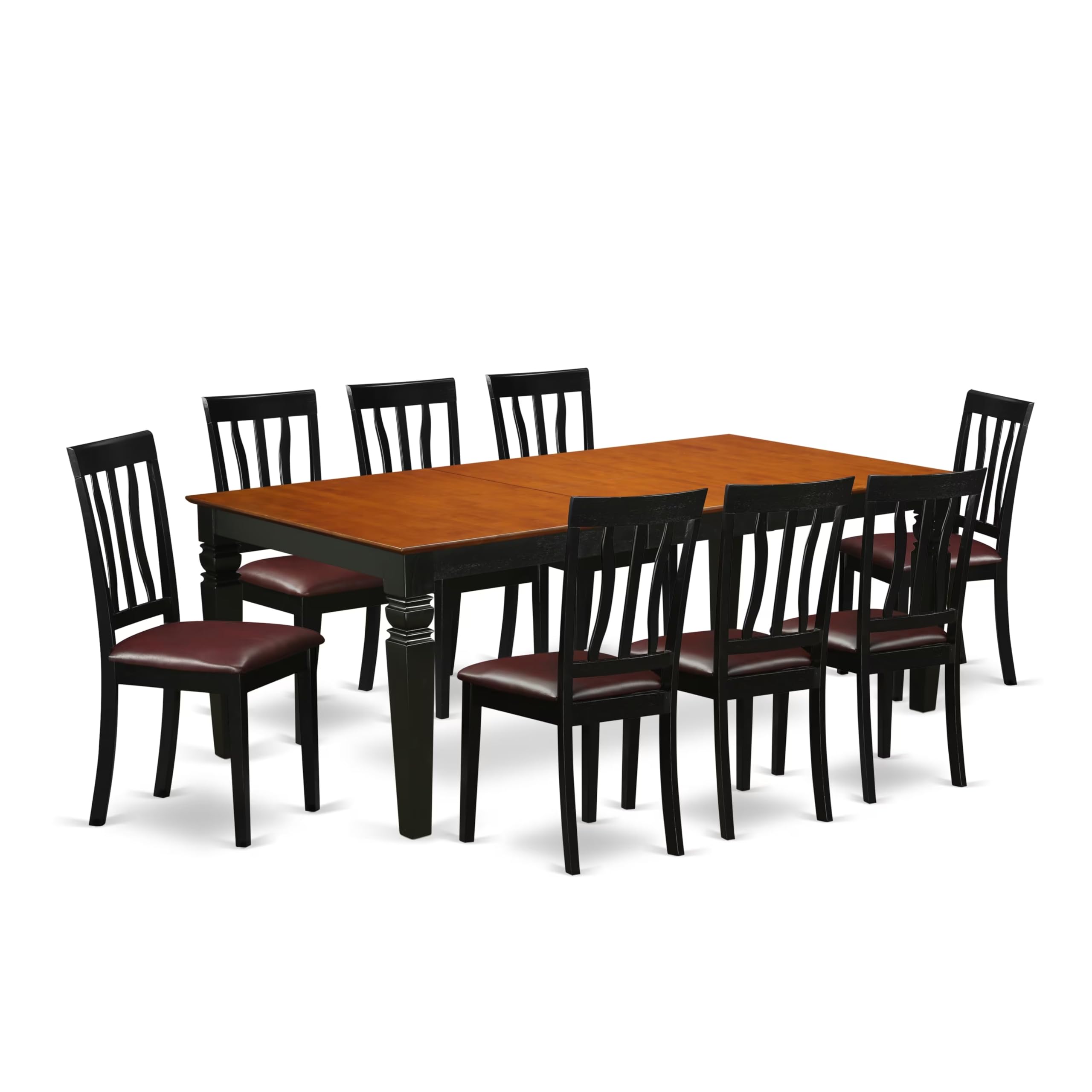 East West Furniture LGAN9-BCH-LC 9 Piece Kitchen Table & Chairs Set Includes a Rectangle Dining Room Table with Butterfly Leaf and 8 Faux Leather Upholstered Chairs, 42x84 Inch, Black & Cherry