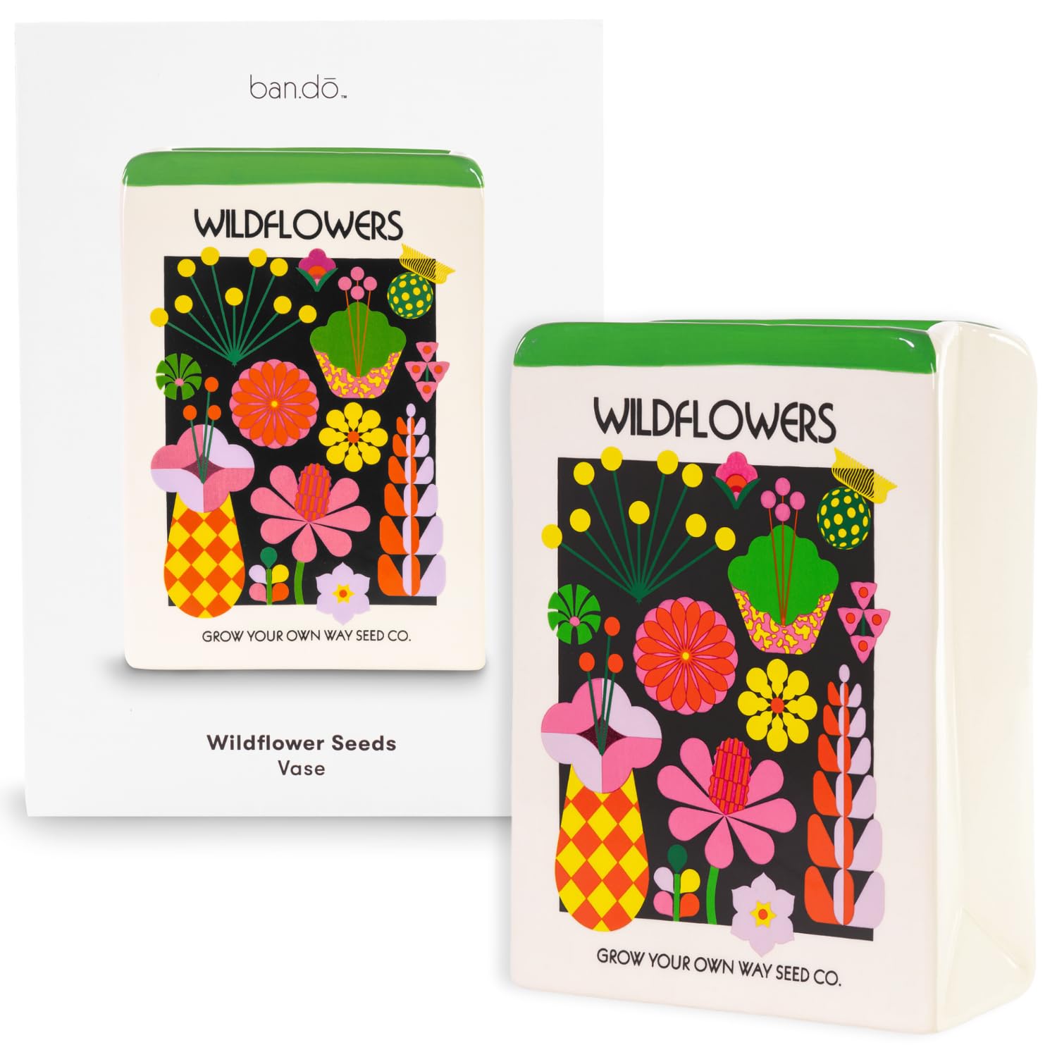 ban.do Unique Flower Vase, Decorative Vase Shaped Like Seed Packet, Colorful Ceramic Vase, Shelf Decor for Home or Office, Wildf