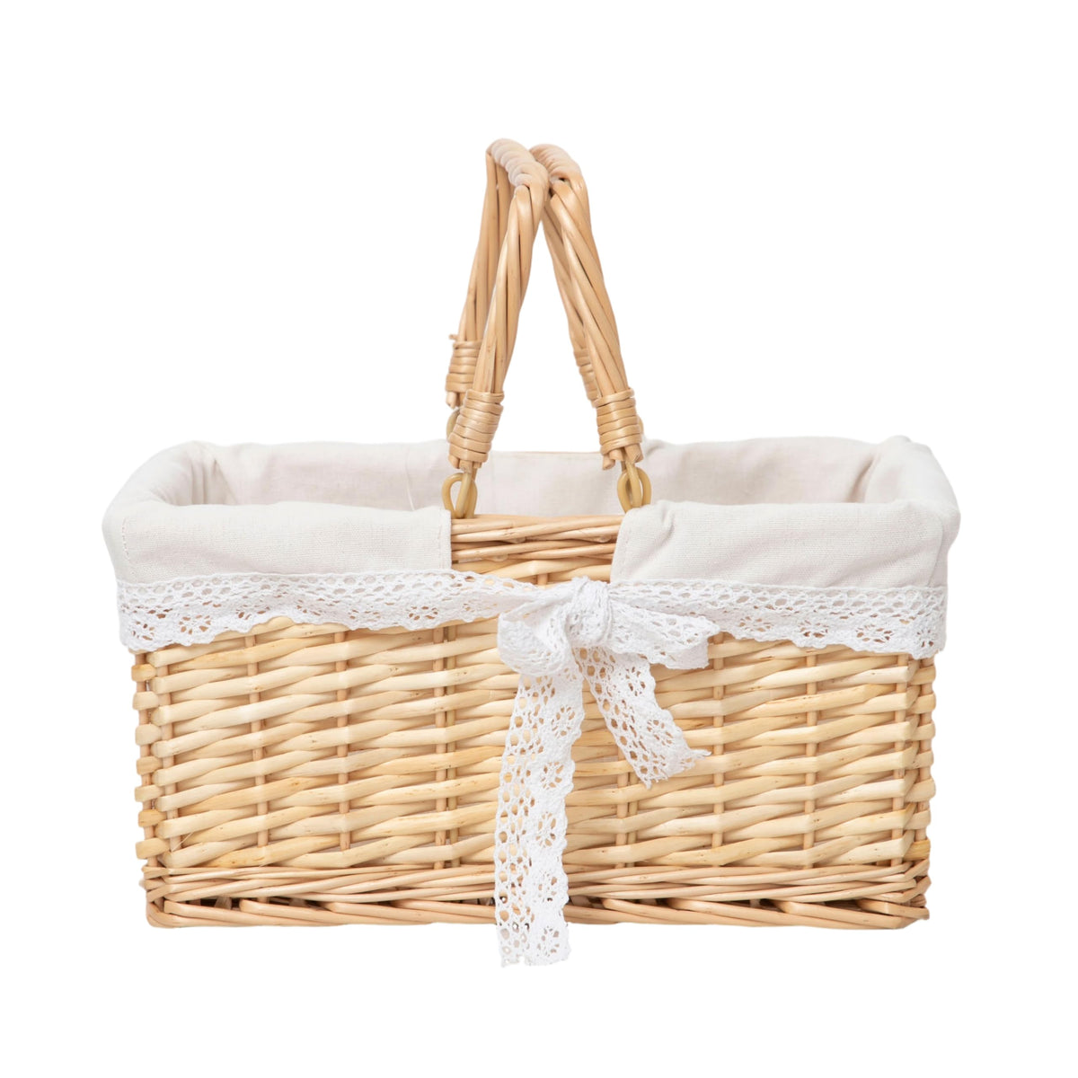Handwoven Wicker Picnic Basket with Lace Lining, Natural Rattan Tote with Handles, Boho Basket for Outdoor Picnics, Bridal Showe