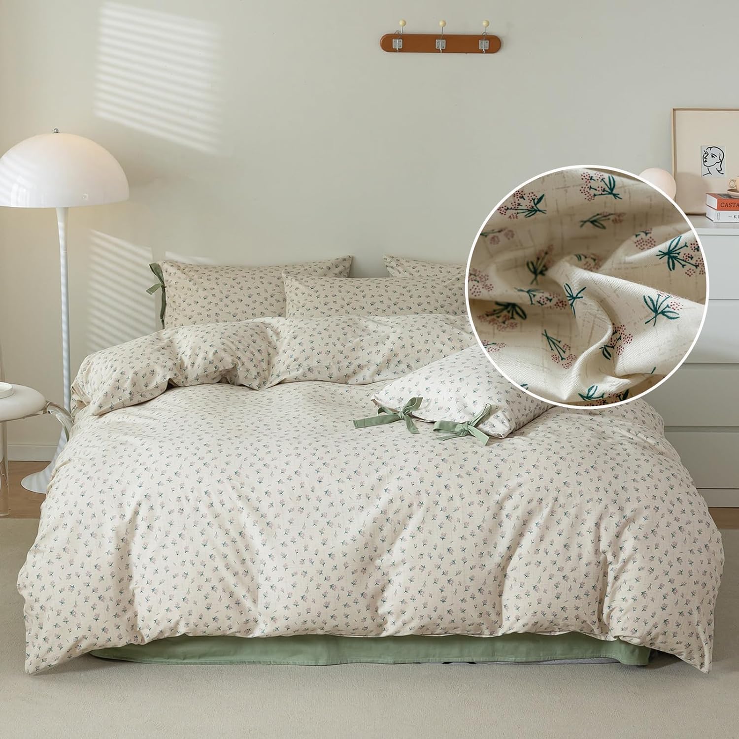 Cotton Duvet Cover King Chic Aesthetic Green Floral Comforter Cover Vintage Cottagecore Style Duvet Cover With 2 Bowknot Pillowc