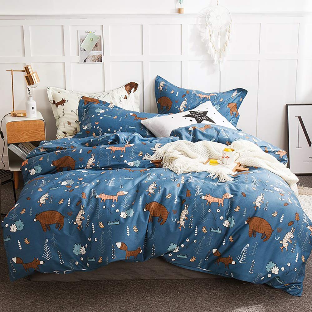 Clothknow Kids Comforter Sets Queen Blue Bear Bedding Comforter Sets Cartoon Blue Bedding Queen Comforter Forest Fox Rabbit Comf