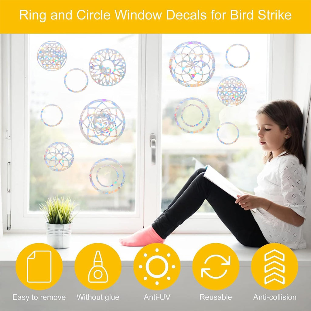 Shawula 18Pcs Mandala Window Clings Anti-Collision Window Decals To Save Birds From Window Collisions,Non Adhesive Prismatic Vin