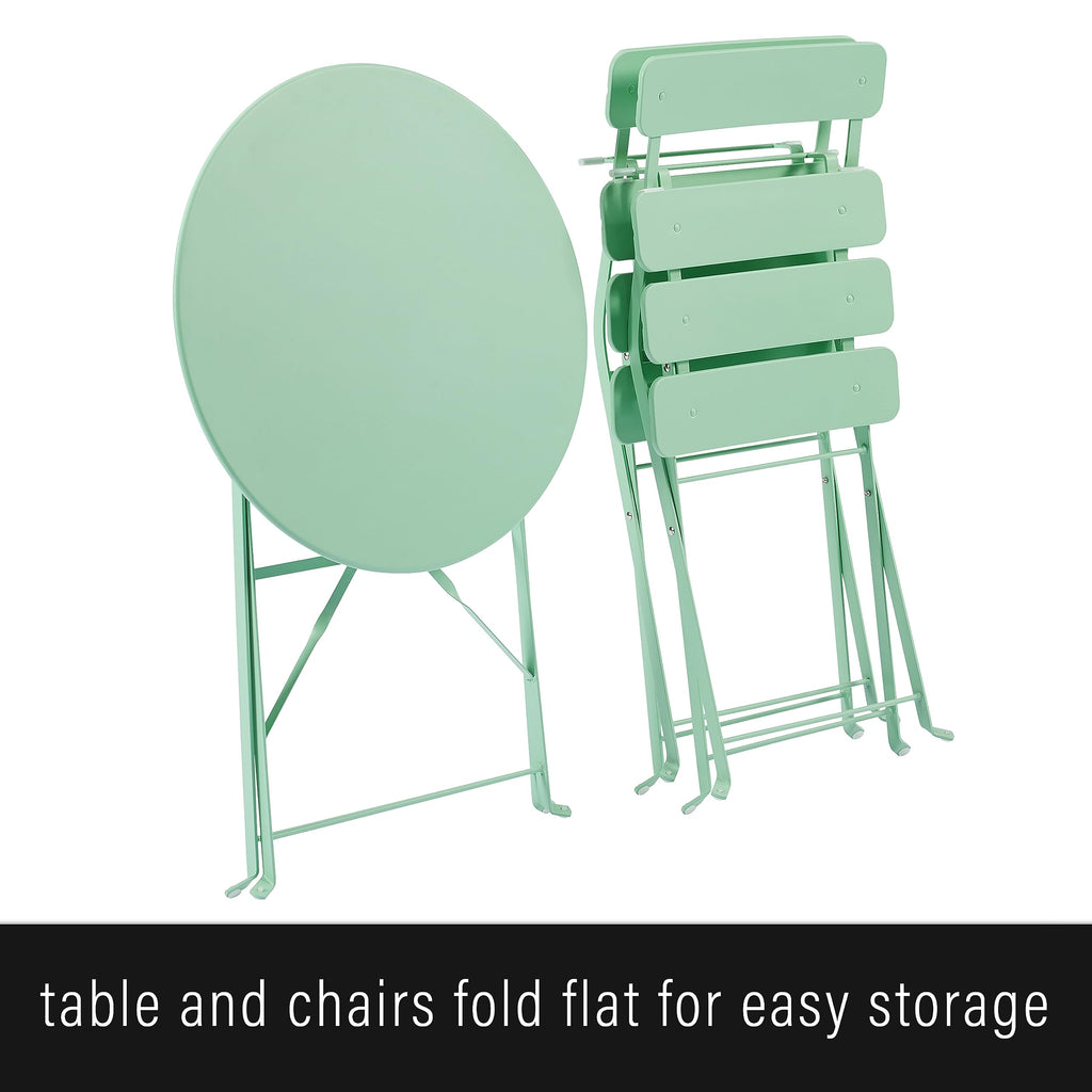 Crosley Furniture Karlee 3-Piece Indoor Outdoor Bistro Set, Retro Metal Folding Patio Table and Chairs, Mint