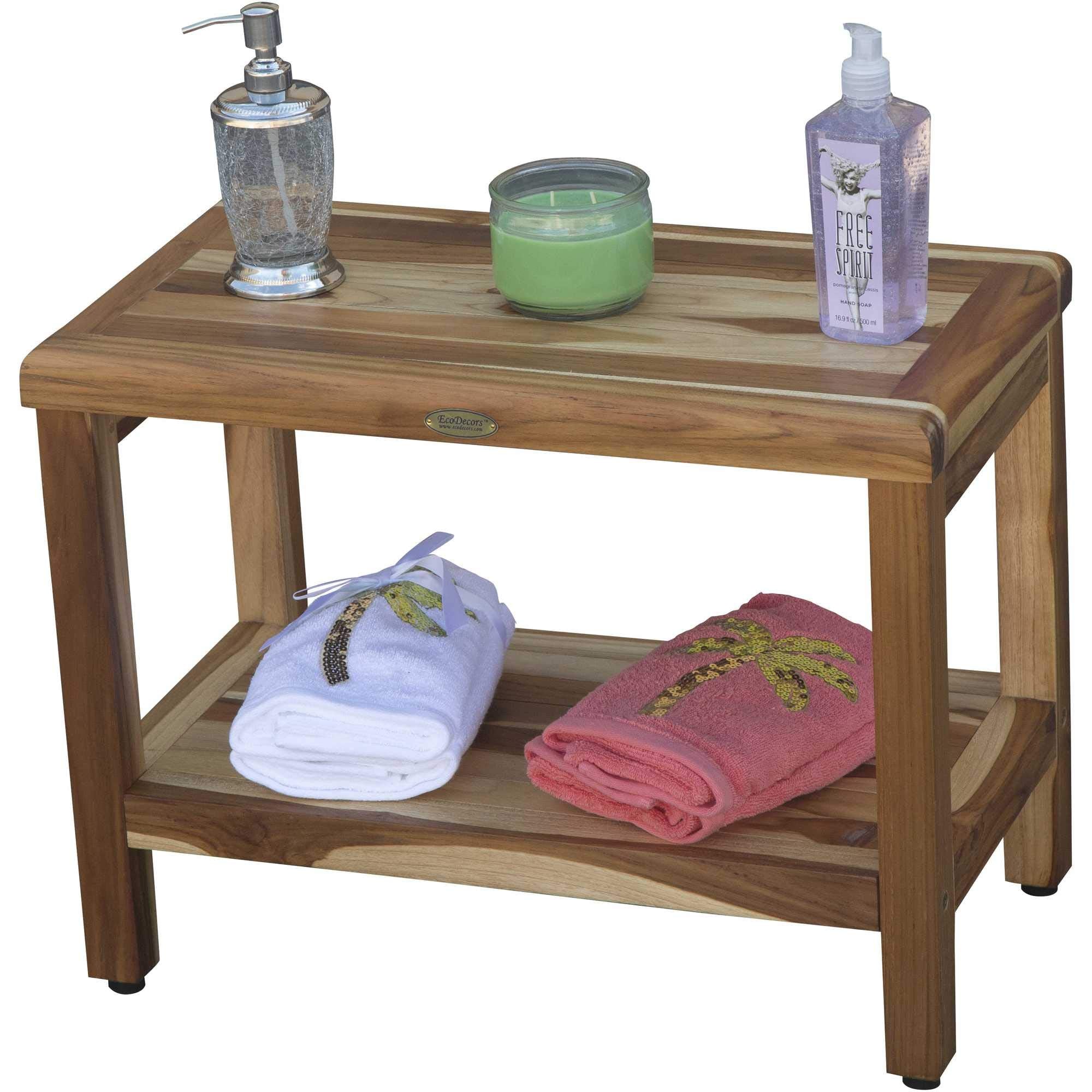 HomeRoots 24' Teak Rectangular Shower Outdoor Bench with Shelf in Natural Finish