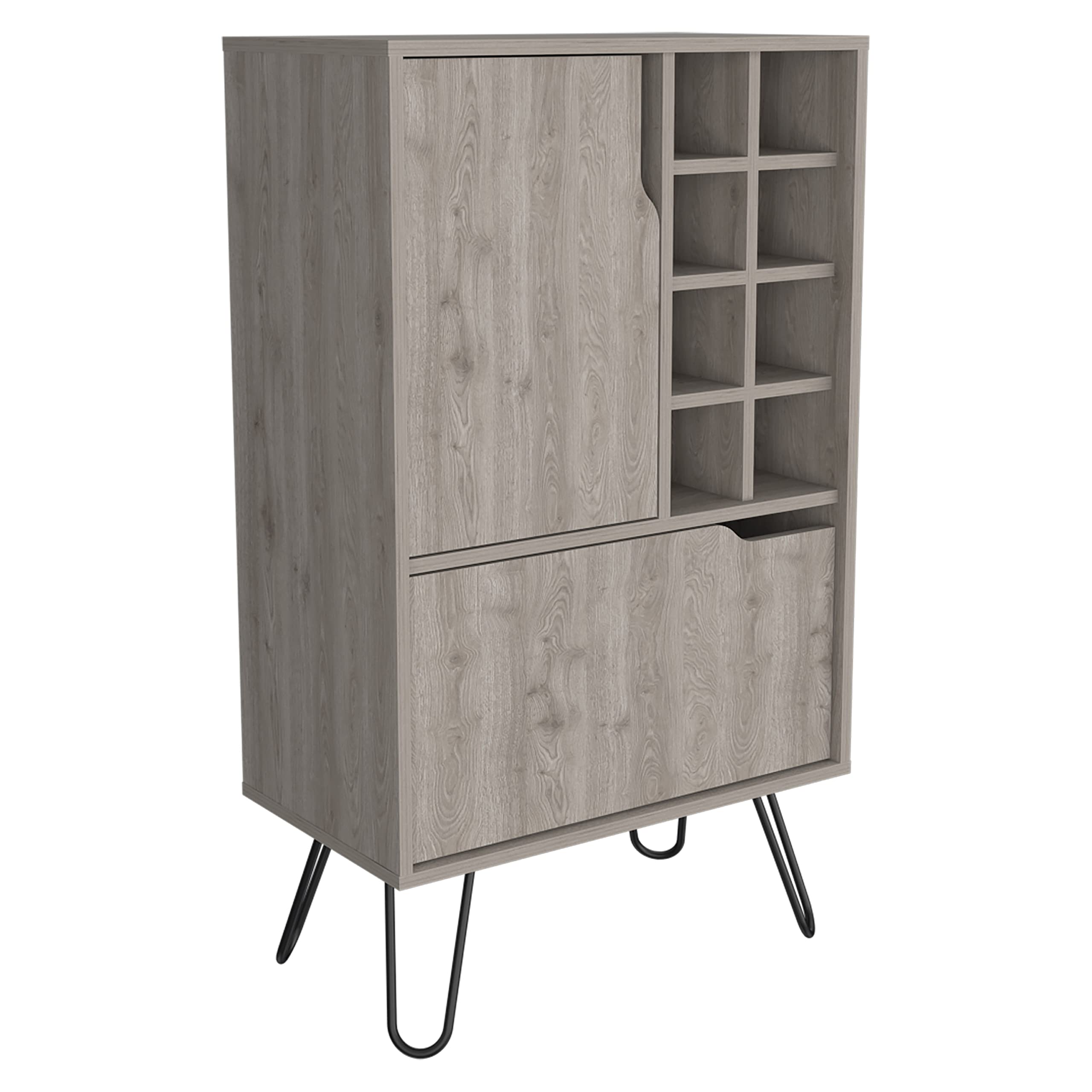 DEPOT E-SHOP Zamna L Bar Single Door Cabinet, 8 Built-in Wine Rack, 4 Legs, Light Gray