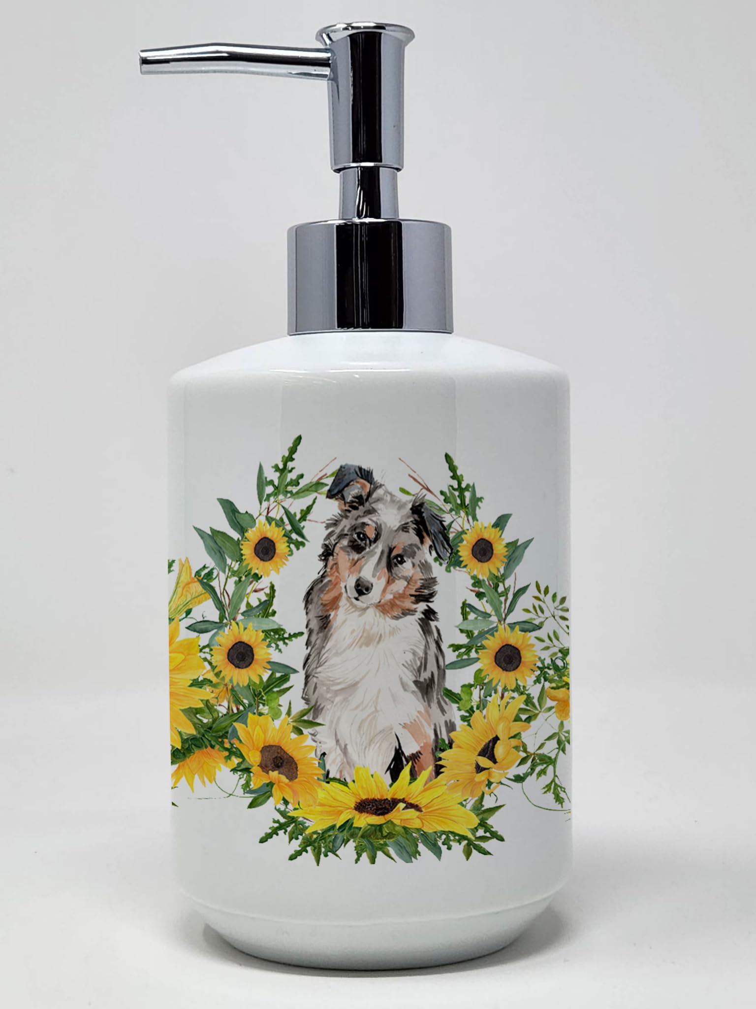 Caroline's Treasures CK2924SOAP Australian Shepherd in Sunflowers Ceramic Soap Dispenser Hand Soap Dispenser Pump Bottles for Ba
