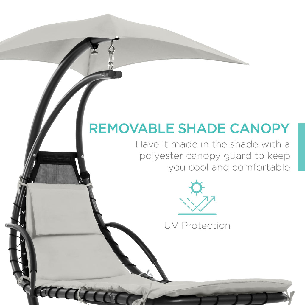 Best Choice Products Outdoor Hanging Curved Steel Chaise Lounge Chair Swing W/Built-In Pillow And Removable Canopy - White Sand