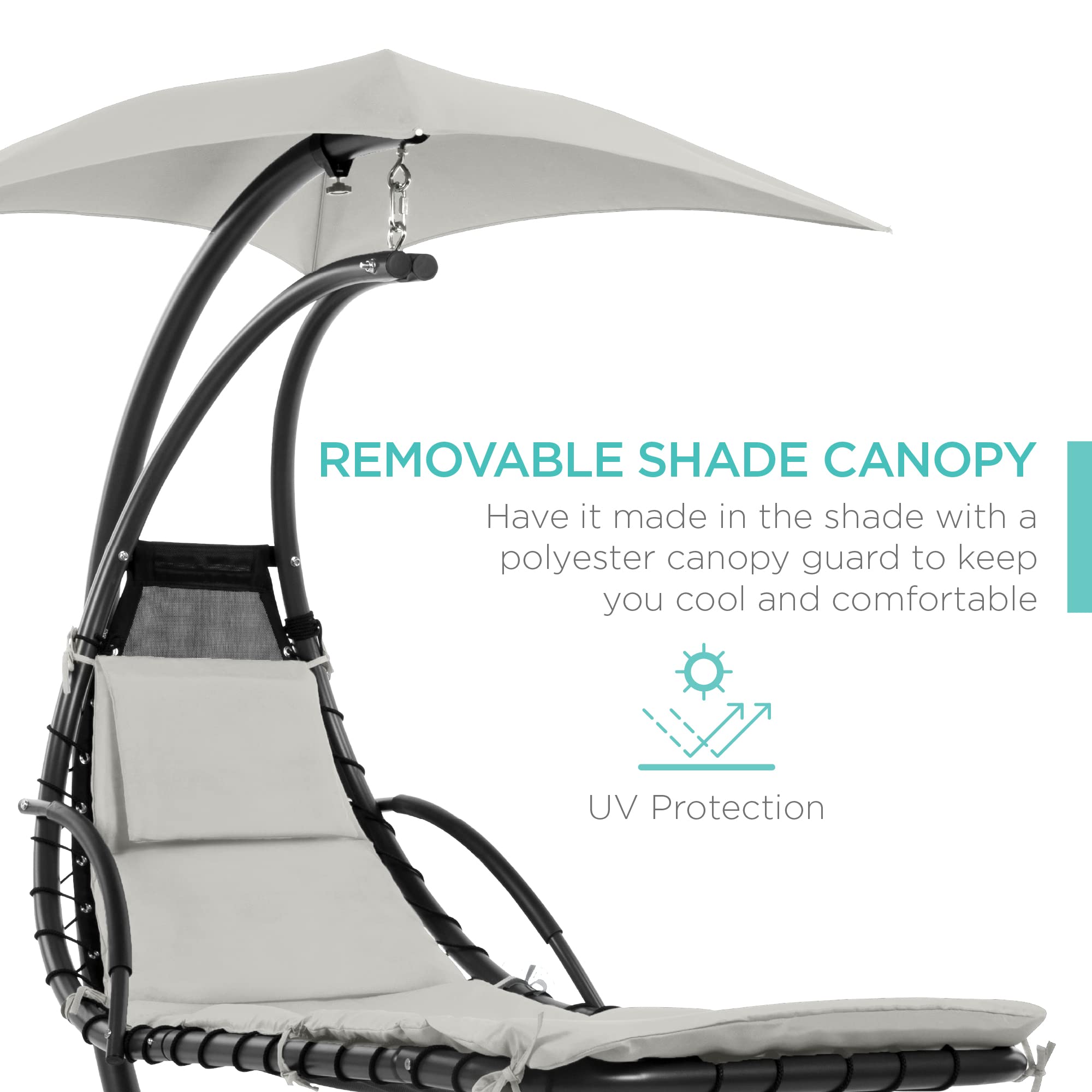 Best Choice Products Outdoor Hanging Curved Steel Chaise Lounge Chair Swing W/Built-In Pillow And Removable Canopy - White Sand