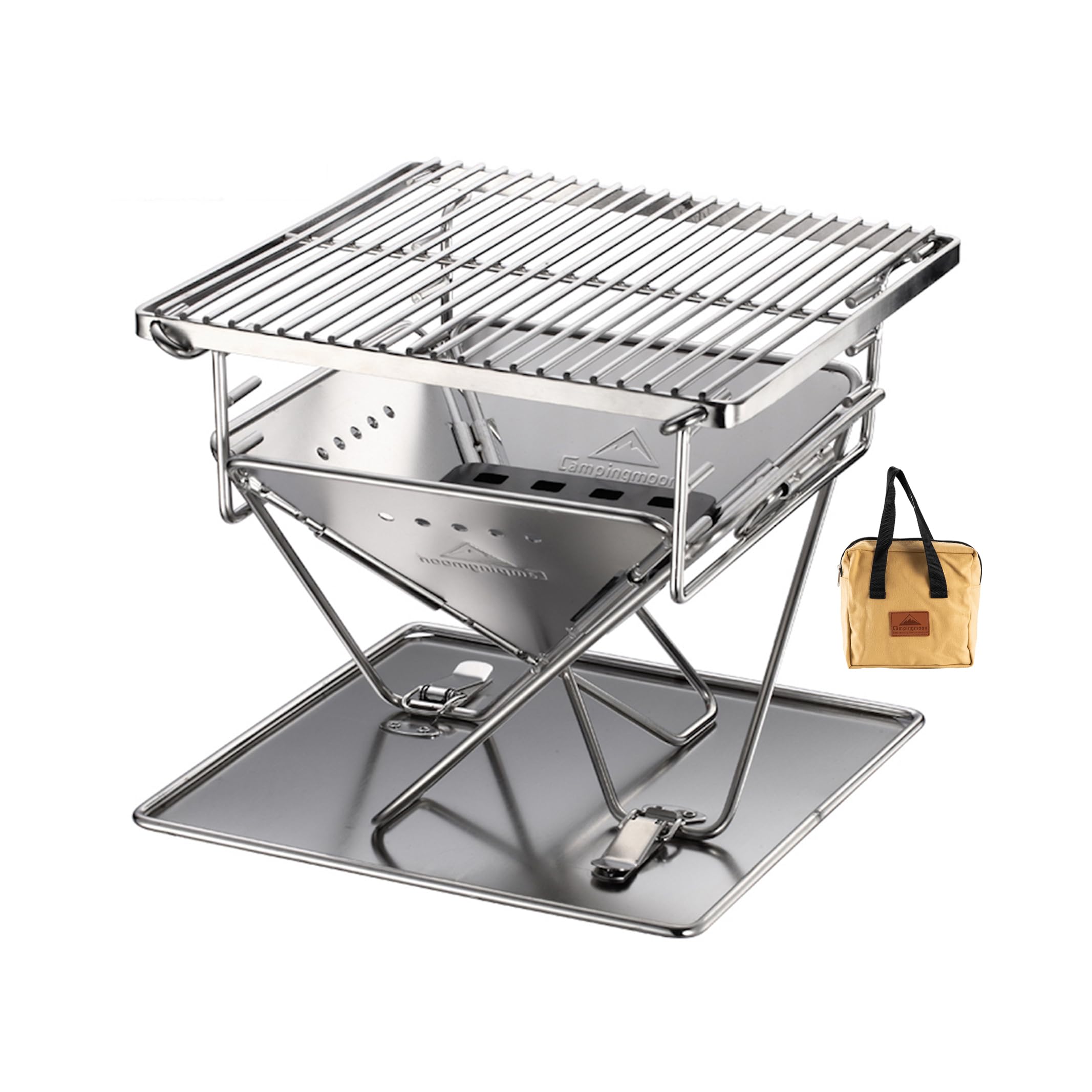 Campingmoon Tabletop Charcoal Grill Small Size Wood Burning Grill And Fire Pit 9.65-Inch Portable Stainless Steel With Carrying