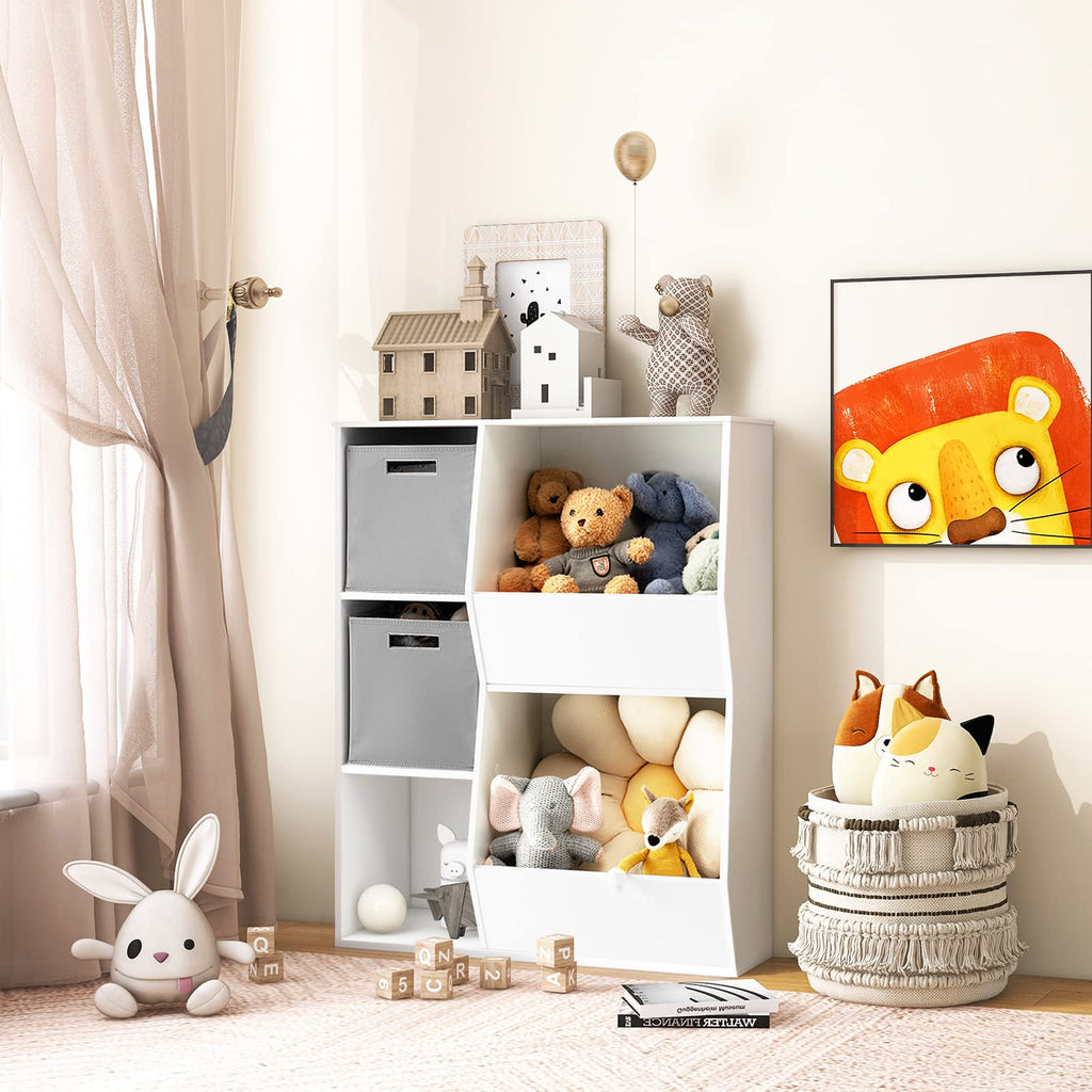 Honey Joy 5 Cubbies Kids Toy Storage Organizer, Children Bookcase And Bookshelf W/2 Storage Boxes, Wooden Multi-Bins Toy Storage Display Cabinet For Playroom, Nursery, Daycare, Kindergarten