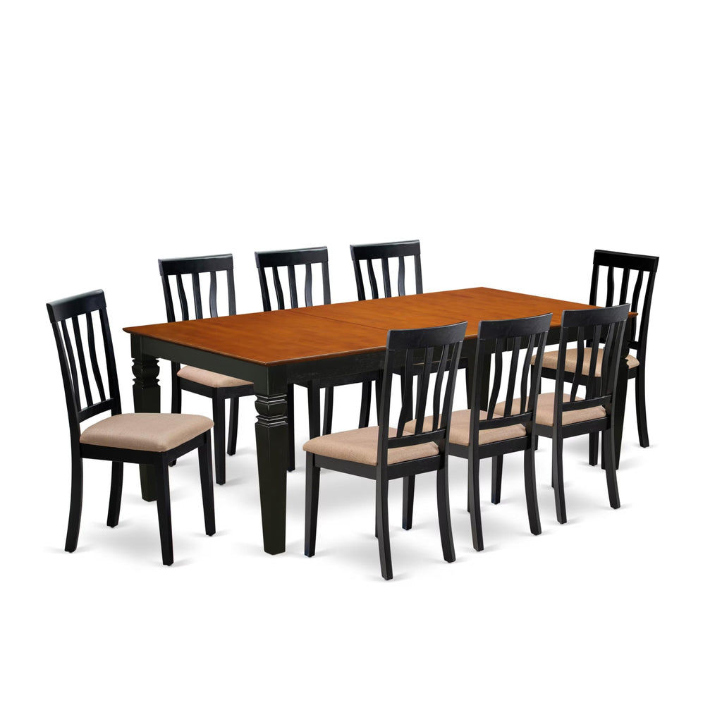 East West Furniture LGAN9-BCH-C 9 Piece Dining Set Includes a Rectangle Dining Room Table with Butterfly Leaf and 8 Linen Fabric Upholstered Chairs, 42x84 Inch, Black & Cherry