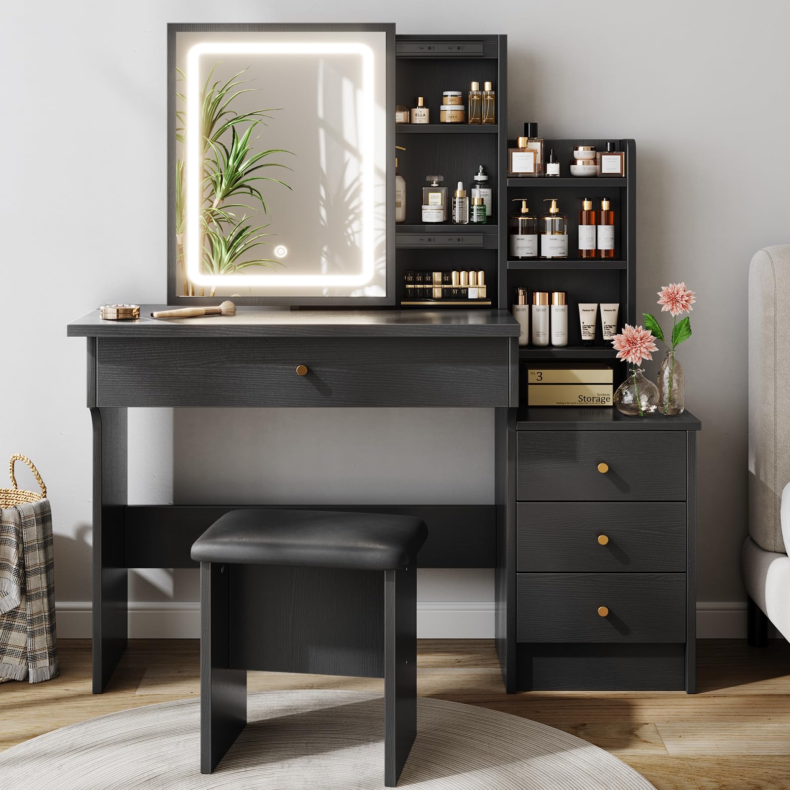 Memobarco Vanity Desk with Mirror and Lights, Makeup Vanity with 3 Adjustable Lighting Modes, Small Vanity Desk with Sliding Mir