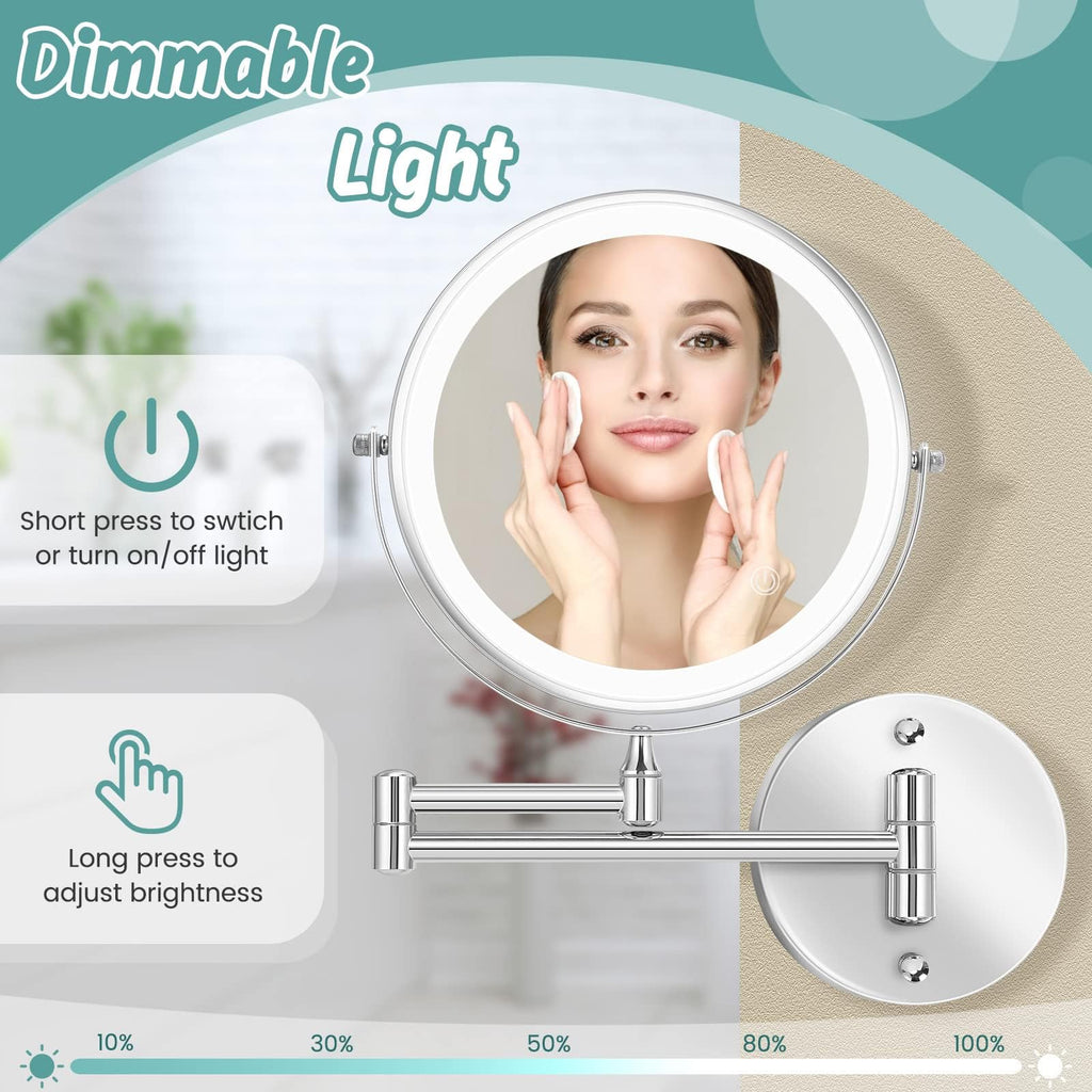 Rechargeable Wall Mounted Lighted Makeup Mirror 8 Inch Double Sides 1X/10X Magnifying Led Makeup Mirror 3 Color Light Touch Scre