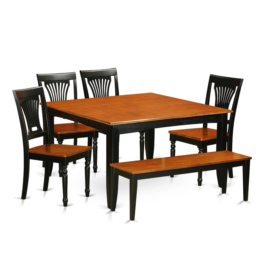 East West Furniture PFPL6-BCH-W 6 Piece Set Contains a Square Dining Room Table with Butterfly Leaf and 4 Kitchen Chairs with a Bench, 54x54 Inch