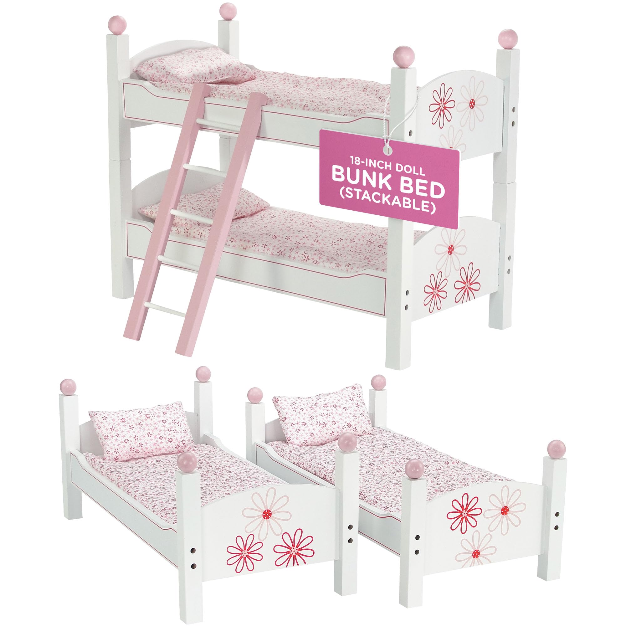 Emily Rose Doll Clothes 18-inch Doll Wooden Bunk Bed Bedroom Furniture Floral Collection - 2 Stackable Beds, Bunkbed Set with Be