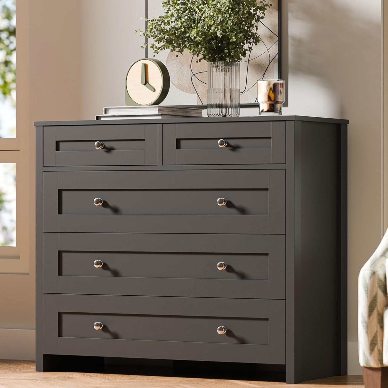 Sunsgrove Dresser For Bedroom With 5 Drawers, Black Chest Of Drawers, Wood Storage Organizer With Metal Handles For Hallway, Liv