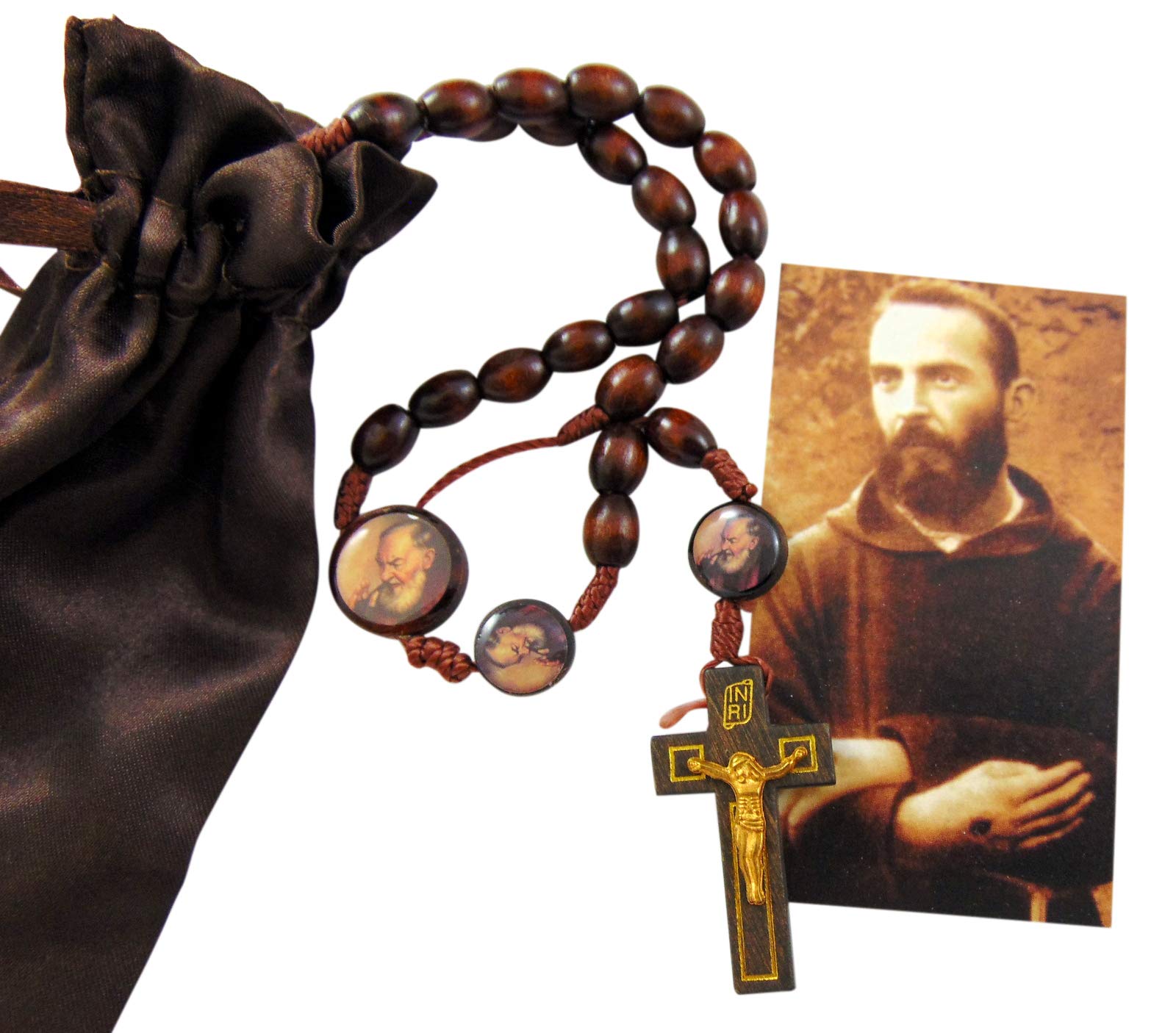 St Pio Devotional Wooden Bead Cord Rosary Gift Set with Saint Prayer Card and Bag