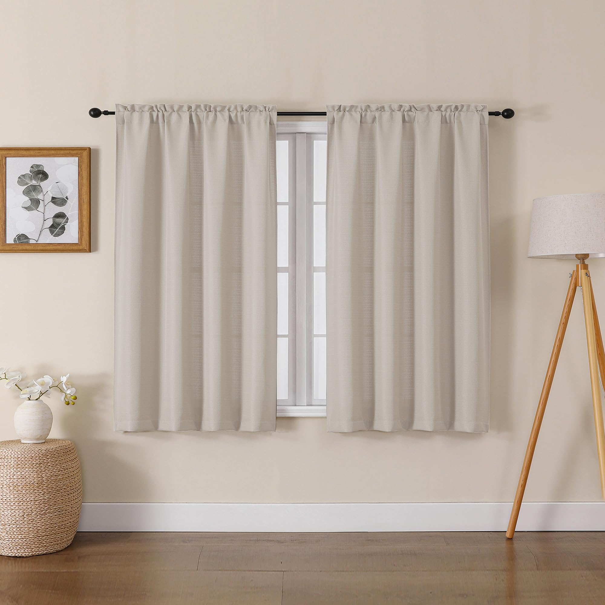 Lecloud Bessie Khaki Short Curtains 45 Inch Length 2 Panels, Faux Linen Light Filtering Curtains with Dual Rod Pocket, Farmhouse