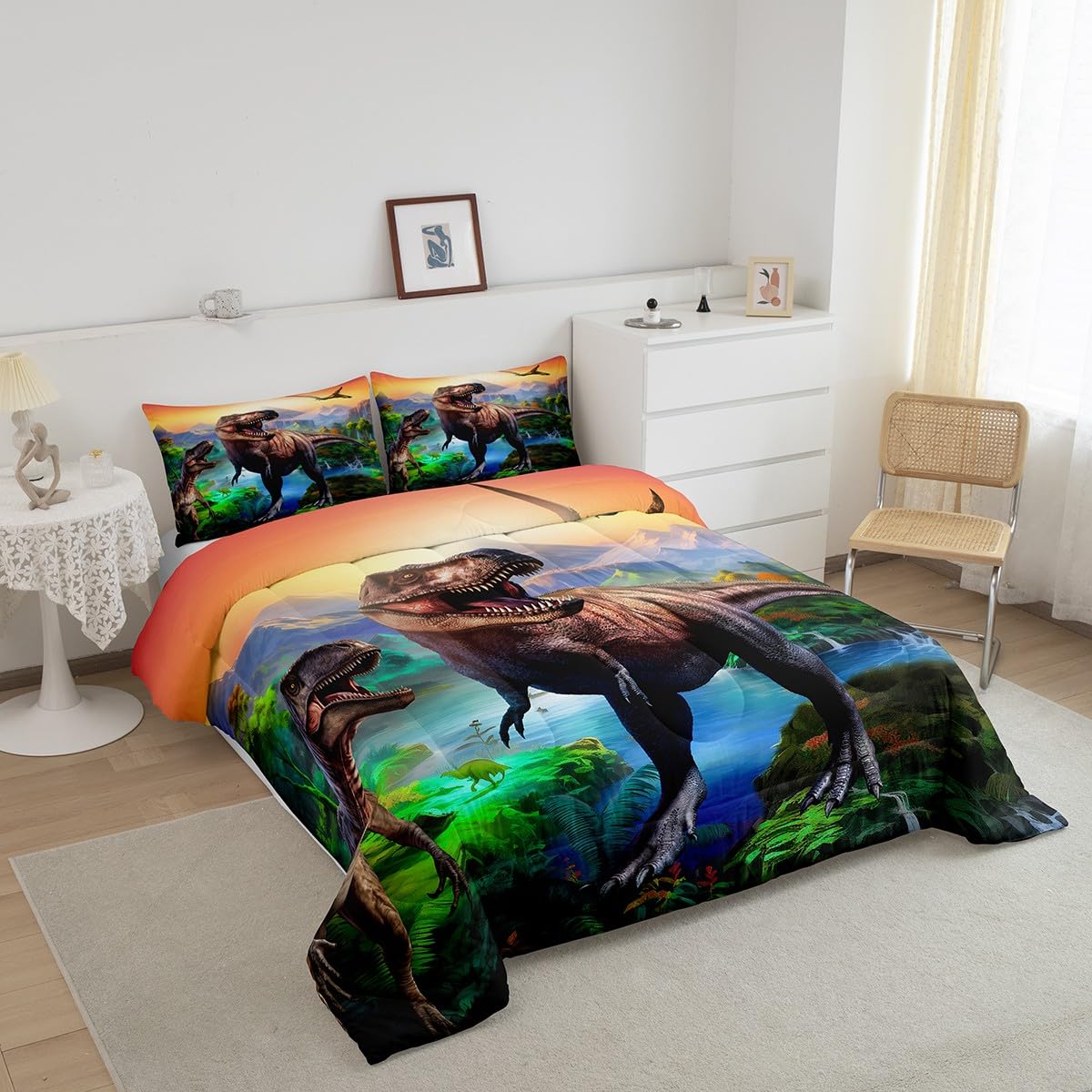 Erosebridal Boys Dinosaur Queen Bedding Set Kids 3D Cartoon Dinosaurs Comforter Set Teen Boy Bedding Dinosaur Quilt Dinosaur Room Decor Soft Lightweight Duvet Sets For All Season 2 Pillow Cases