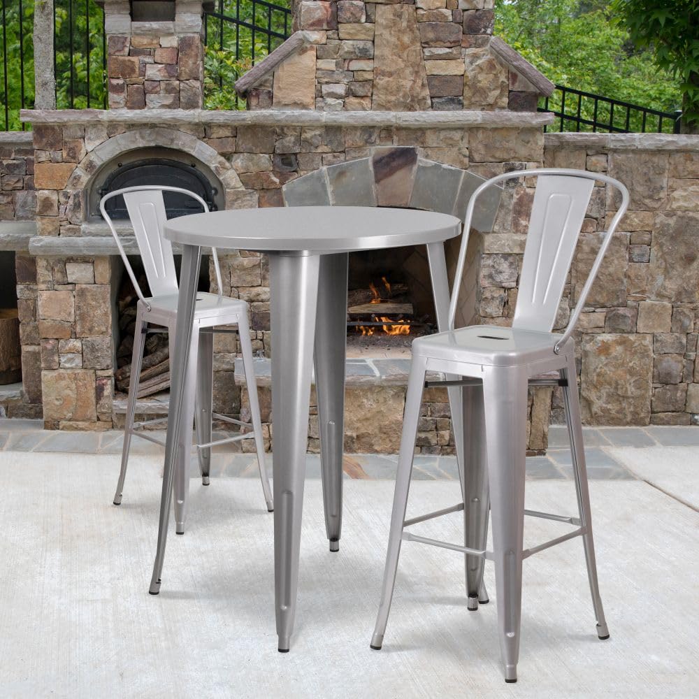Flash Furniture Commercial Grade 30" Round Silver Metal Indoor-Outdoor Bar Table Set With 2 Cafe Stools