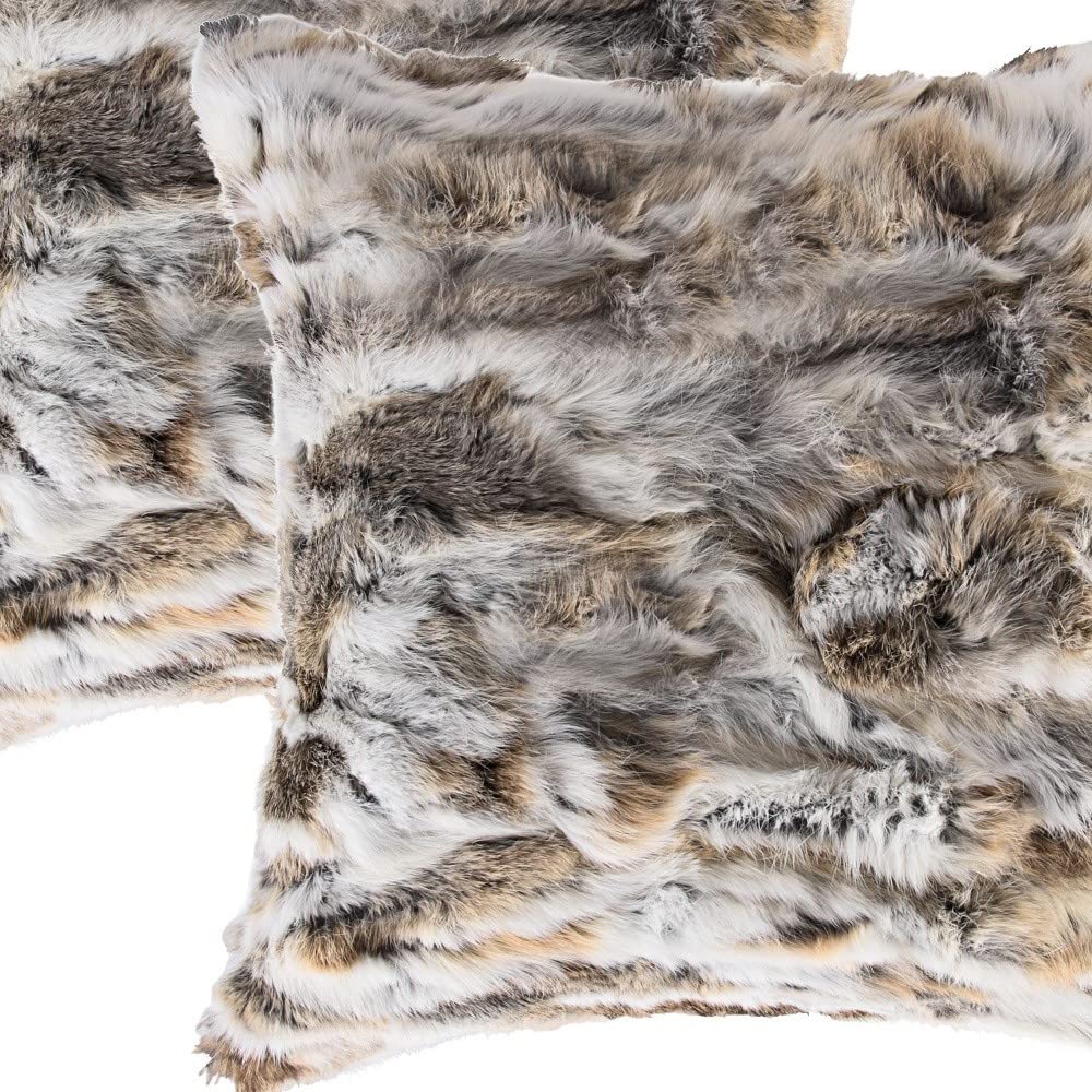 HomeRoots 100% Natural Rabbit Fur and Microsuede Set of Two 18' X 18' Tan and White Rabbit Natural Fur Animal Print Throw Pillows