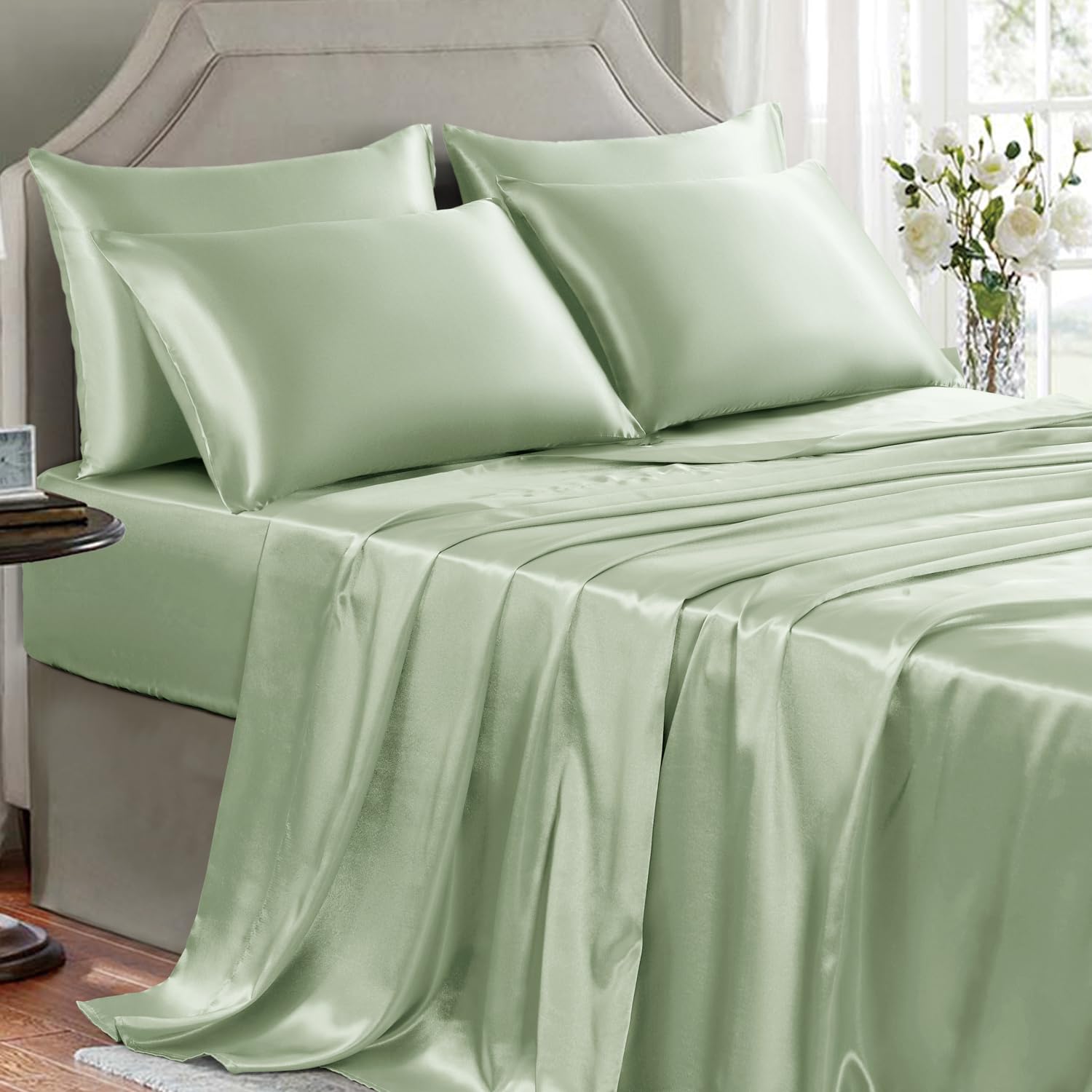 Golal Satin Sheets King Size - 6 Pieces Luxury Silky Soft Bed Sheets, Wrinkle-Free Sage Green Satin Silk Sheet Set With 1 Deep P